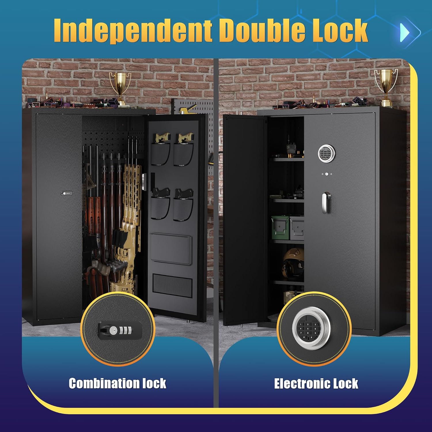 18-20 Large Long Gun Safe for Home Rifles and Pistols,Gun Cabinet with Dual Storage Space and Adjustable Gun Racks,Rifle Safes for Home with Independent Double Lock and Ample Back Storage