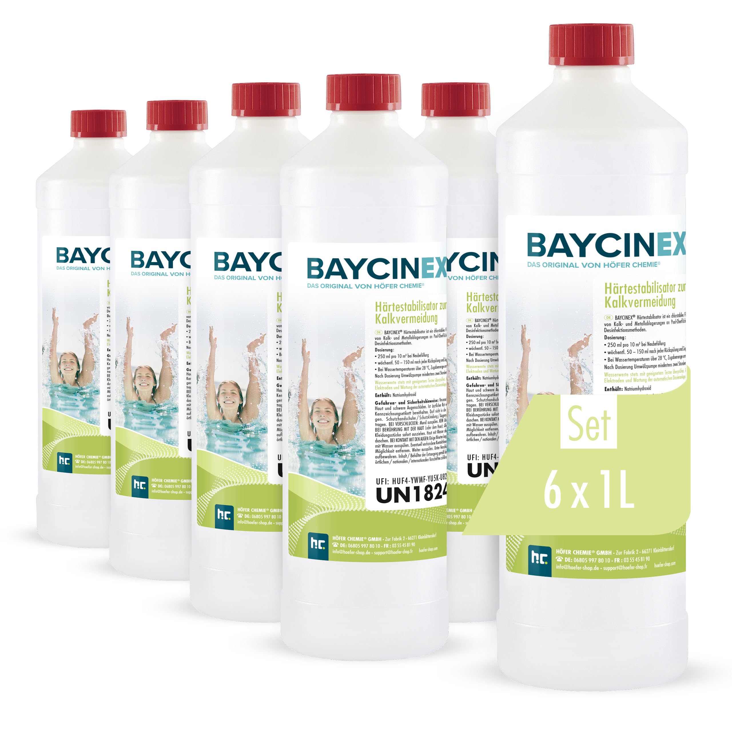 Höfer Chemie 6 x 1 L stabilisateur de dureté à Action Anti-calcaire | Prévient les dépôts calcaires et métalliques, les colorations et l’eau trouble – formule liquide stable au chlore