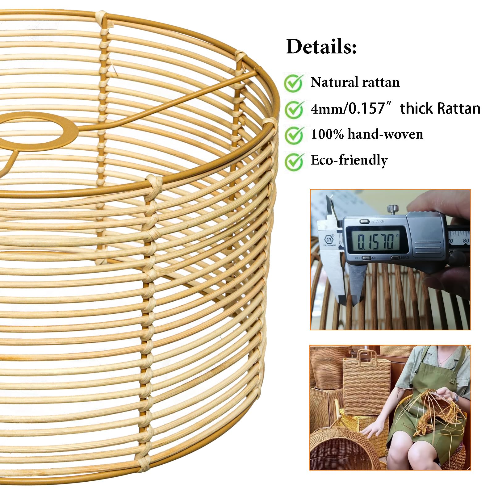 Paralume vintage in rattan, intagliato a tamburo, per lampada da terra, lampada a sospensione, lampada da tavolo, lampada da soffitto