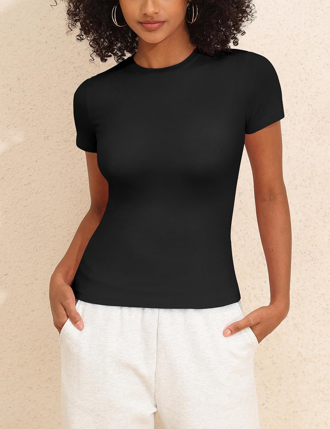 Hilor Women's Cotton Basic Tees Short Sleeve Crew Neck Stretchy Slim Fitted T Shirts Going Out Tops - Image 8