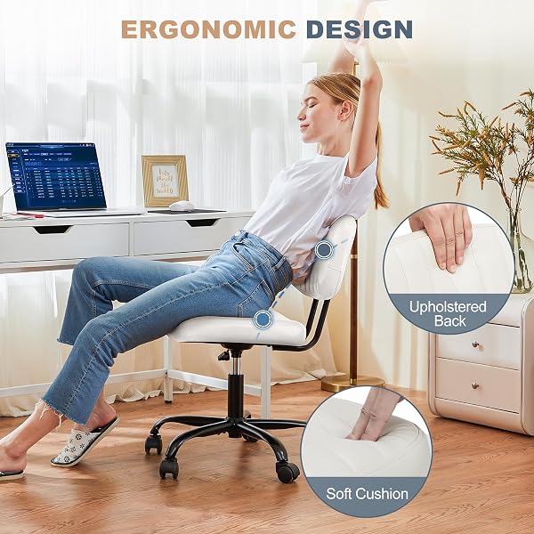 Sweetcrispy Small Office Desk Chair, Armless PU Leather Chair with Comfy Lumbar Support, Height Adjustable Rolling Swivel Task Chair for Adult, Student, Home, Vanity, Beige - 5