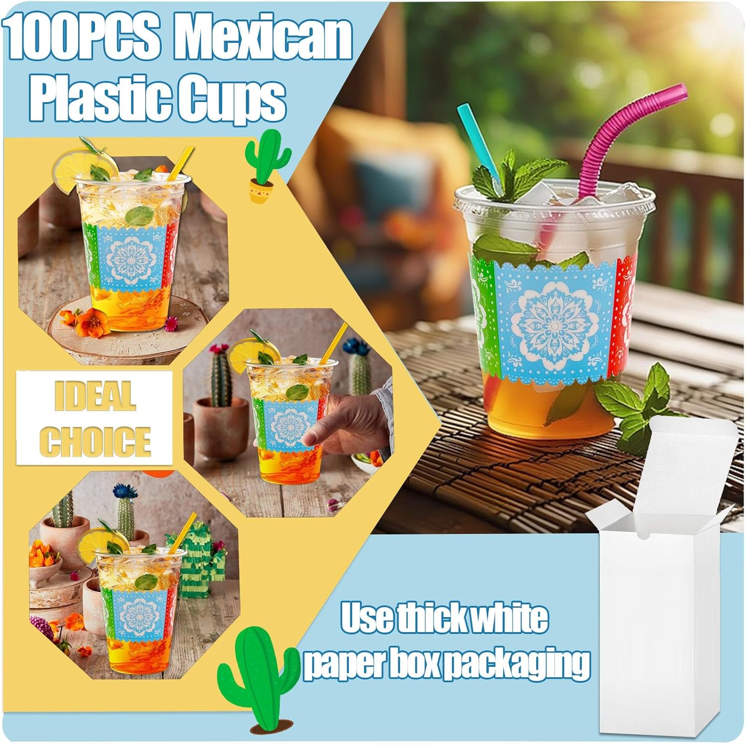 100 Count 12 oz Fiesta Plastic Cups Mexican Disposable Party Cups Cinco De Mayo Margarita Drinkware for Fiesta Cinco De Mayo Mexican Theme Birthday Taco Bar Birthday Wedding Party Supplies Decorations