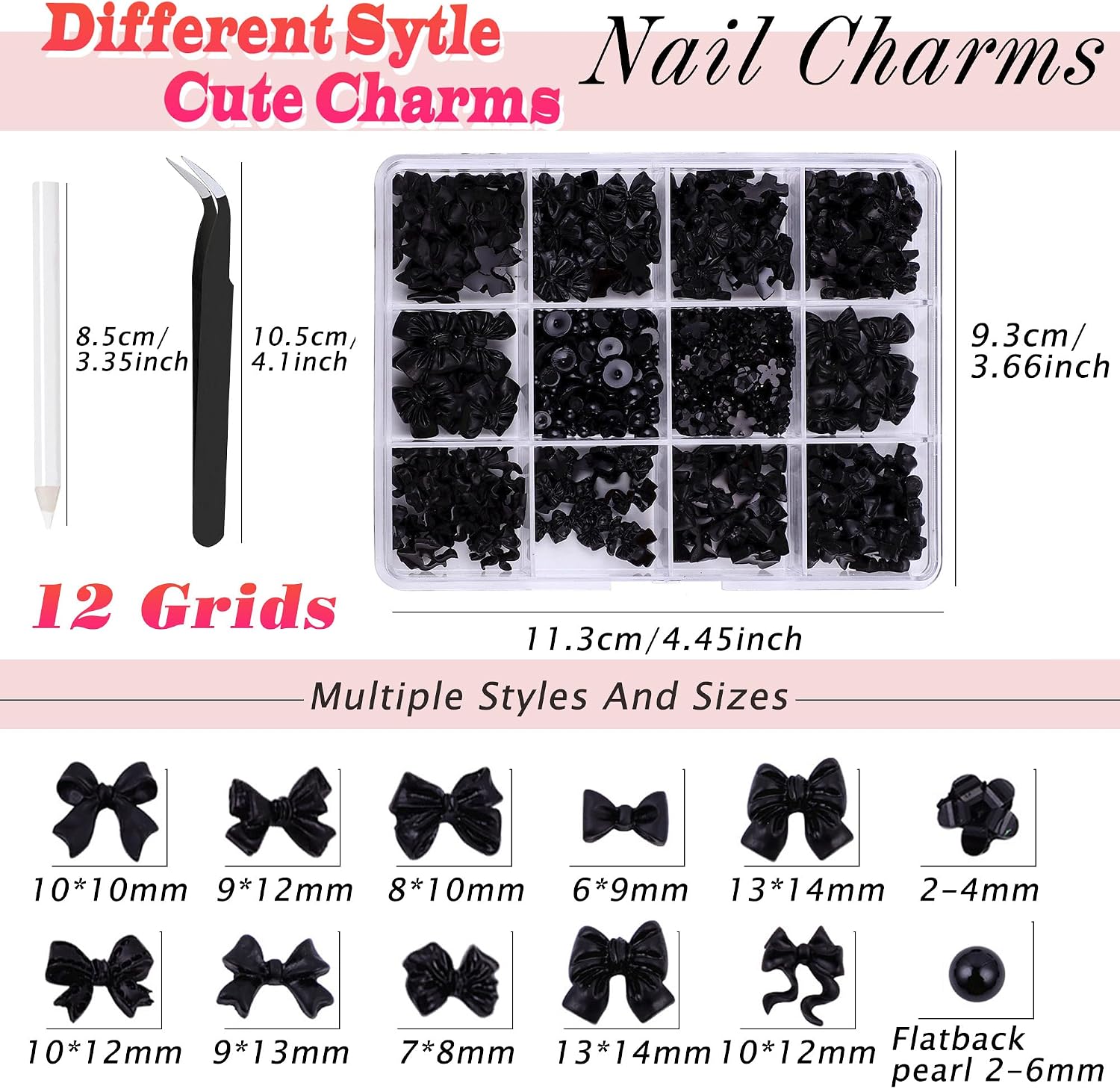 3D Bow Charms for Nails Cute Butterfly Nail Charms Black Bows Style and Flatback Pearl Nails Petal,for Manicure DIY Nail Art Design Jewelry Decoration