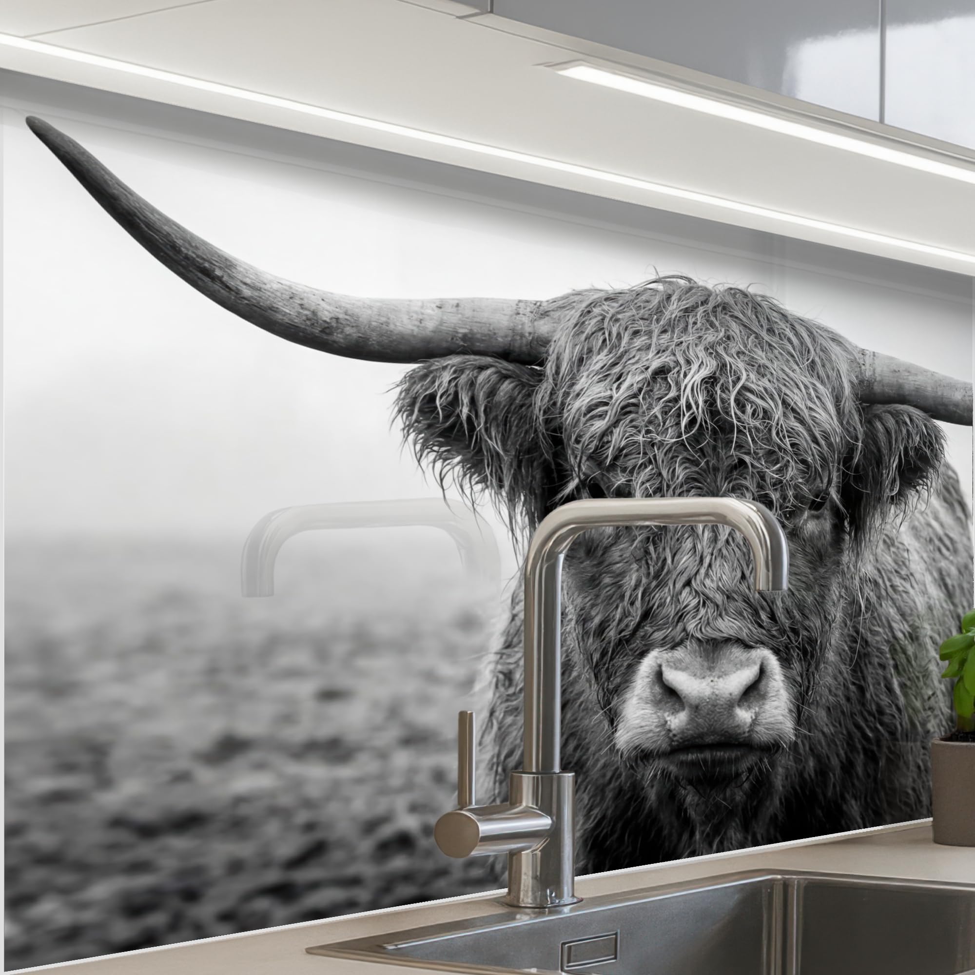 KitchenYeah© Splashback for kitchen 24"x32" / 60x80 cm self-adhesive Wall Protector Decor Panels Cooker Backsplash Scottish highlander - Black - White - Grass