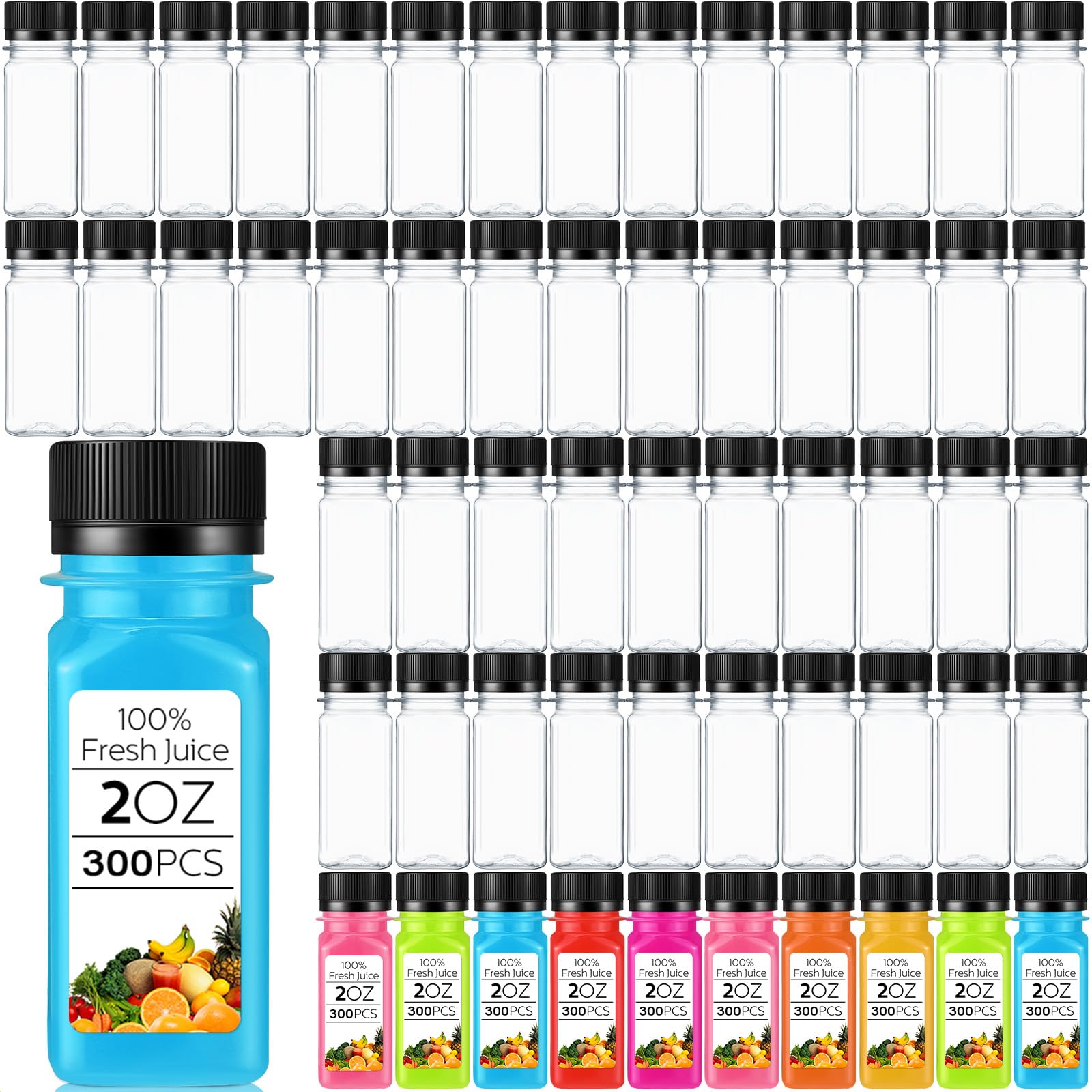 Sliner 300 Pcs 2oz Clear Plastic Bottles Mini Juice Bottle with Lids
