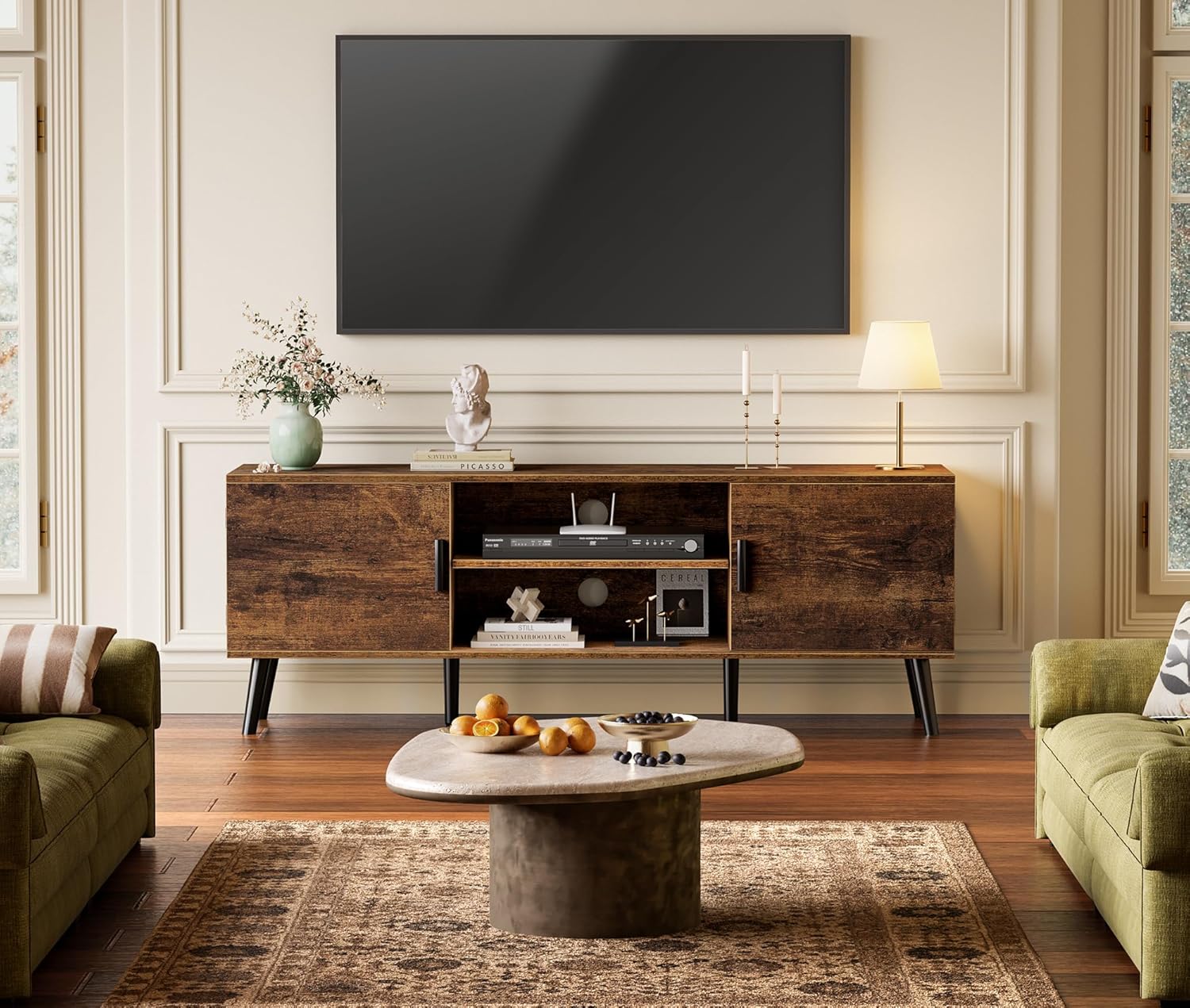 SUPERJARE TV Stand for 55 Inch TV, Entertainment Center with Adjustable Shelf, 2 Cabinets, TV Console Table, Media Console, Solid Wood Feet, Cord Holes, for Living Room, Bedroom, Rustic Brown 53.9" Rustic Brown