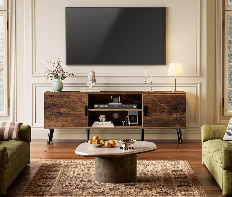 SUPERJARE TV Stand for 55 Inch TV, Entertainment Center with Adjustable Shelf, 2 Cabinets, TV Console Table, Media Console, Solid Wood Feet, Cord Holes, for Living Room, Bedroom, Rustic Brown image 2