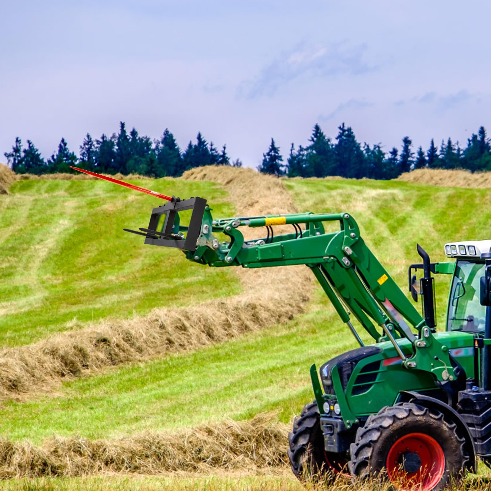 VEVOR Raccoglitrice per Balle di Fieno Capacità di Carico max. 725kg Forca per Balle 1250mm 3 Denti, Forche Chiodate Attacco per Benna con 2 Stabilizzatori per Trattori, Minipale, Agricoltori, Campi