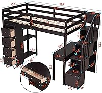 Vista 2 de Cama loft multifuncional de tamaño individual con cajones de almacenamiento y escritorio, marco de cama de madera con escalera de almacenamiento