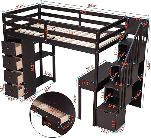 Miniatura 2 de SIYSNKSI Cama loft multifuncional de tamaño individual con 4 cajones de almacenamiento y escritorio y estantes marco de cama loft de madera con