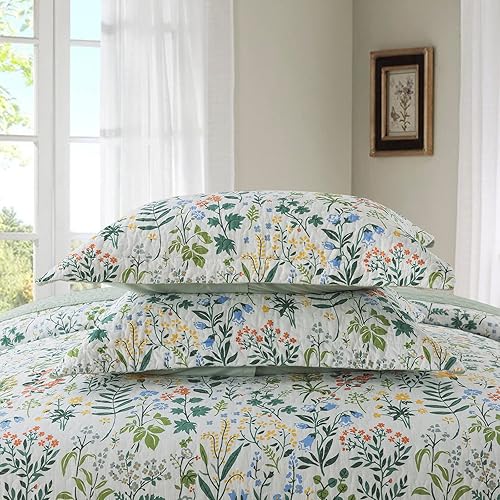 Miniatura 5 de NEWLAKE Juego de colcha de algodón, juego de colcha reversible de retazos, patrón floral clásico verde, tamaño Queen
