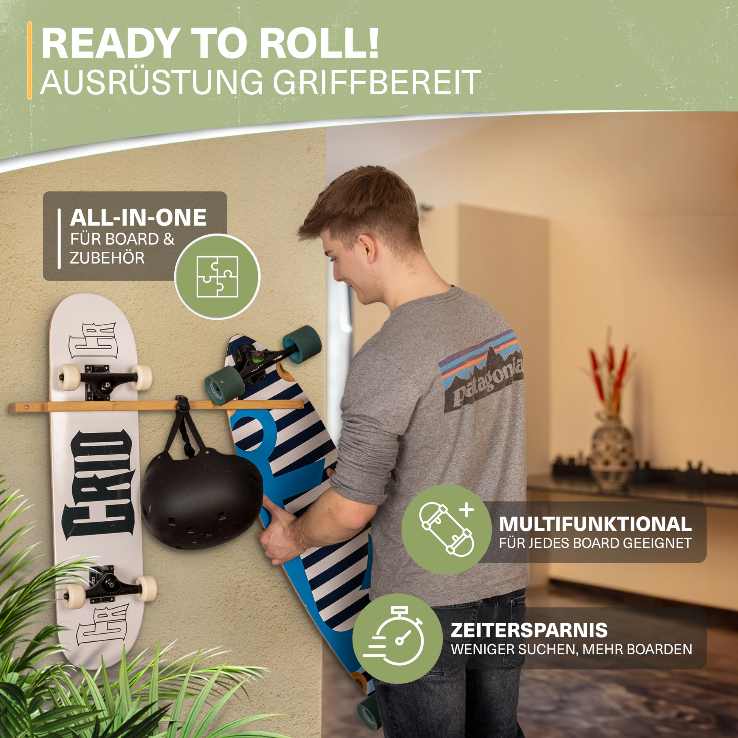 CRID Doppel Skateboard Wandhalterung aus Bambus - Universal Halterung für 2 Skateboards, Longboard, Snowboard, Wakeboard, Balance-Board - Inkl. gratis Montagekit - Modernes Design (Vertikal Halterung)