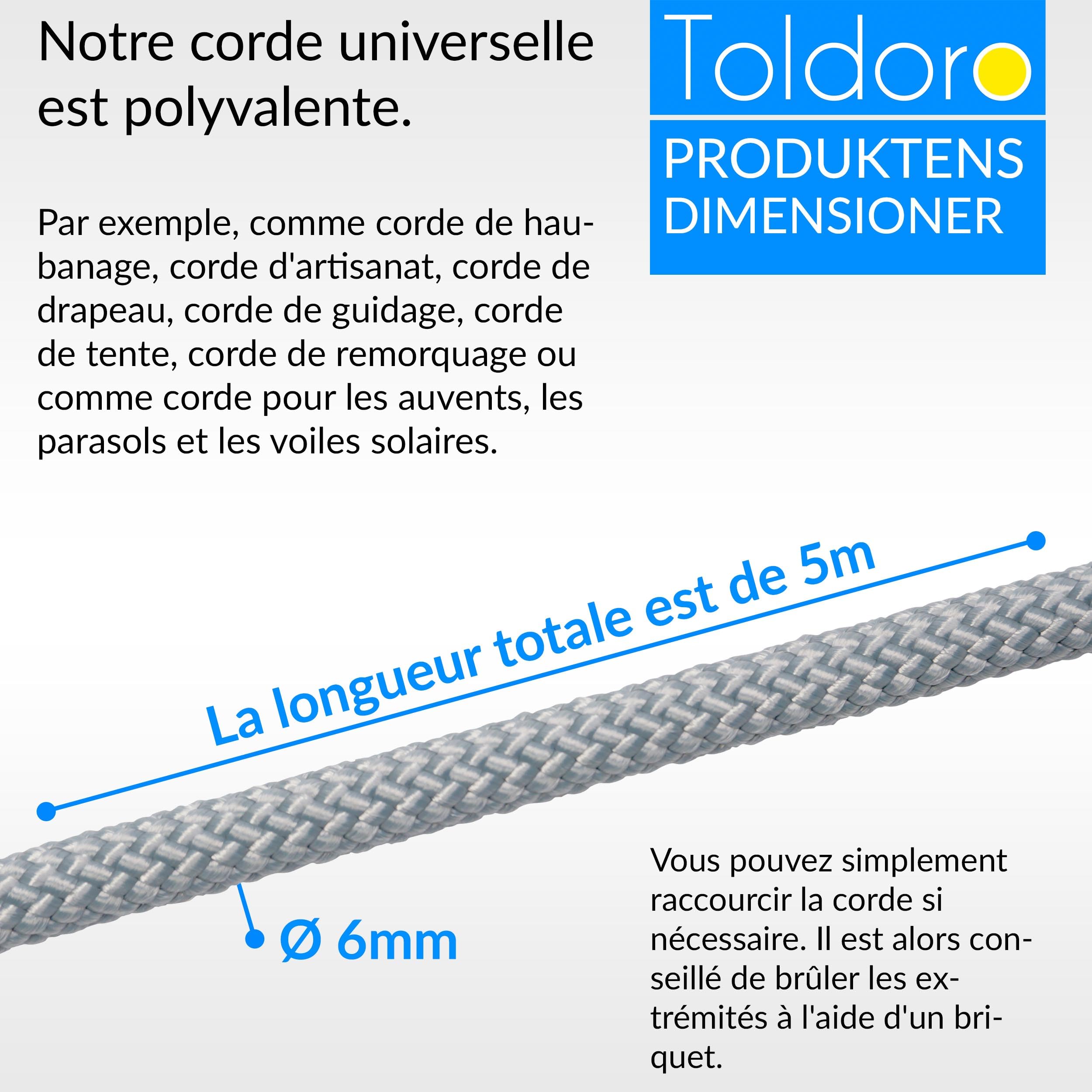 Toldoro® Cordage 5m et Ø 6mm Gris/Corde pour Parasol en Polyester/Corde Solide avec Charge de Rupture de 800kg et 1050 daN/Corde Marin et Corde Voile ombrage