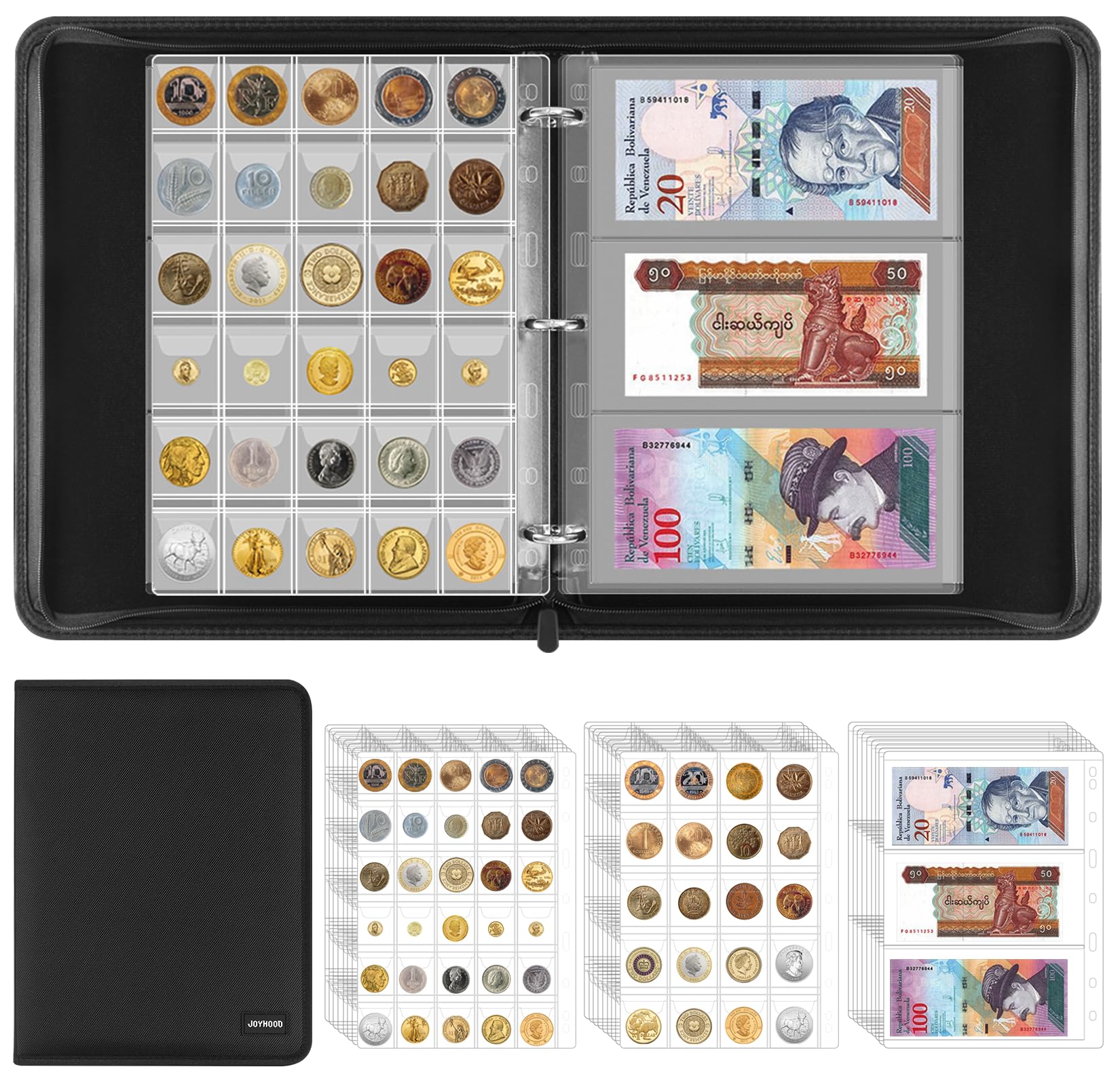 JoyHood Album de pièces de monnaie pour collectionneurs de pièces, album de pièces pour 400 poches pour pièces de monnaie + 15 poches pour billets, porte-monnaie pour collections de pièces