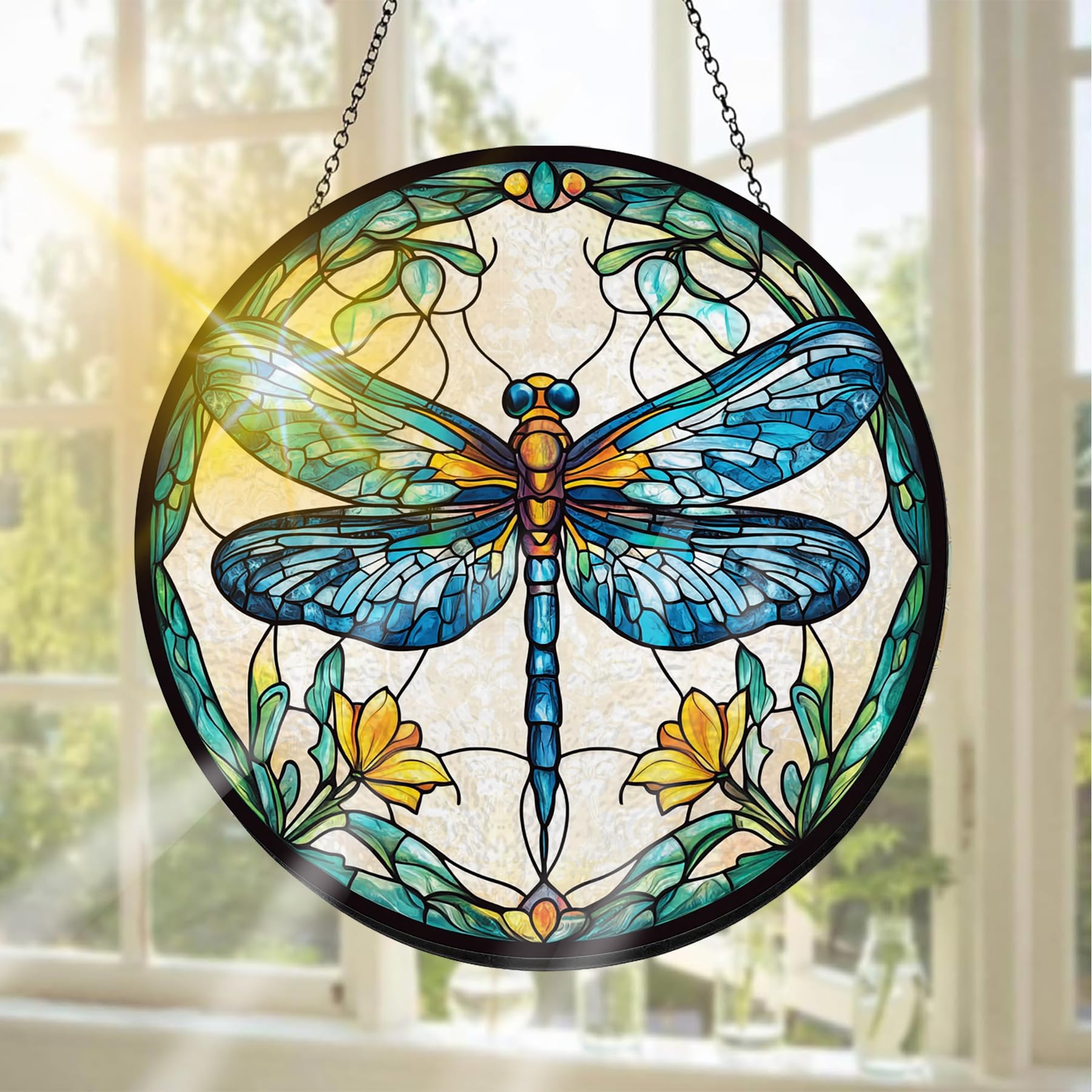 Pavemlo Dragonfly Suncatcher Indoor Stained Glass Window Hanging - Outdoor Window Hanging Decoration - Sun Catcher Home Decor Mother's Day Birthday Gifts for Women, Men Mom 20x20 cm