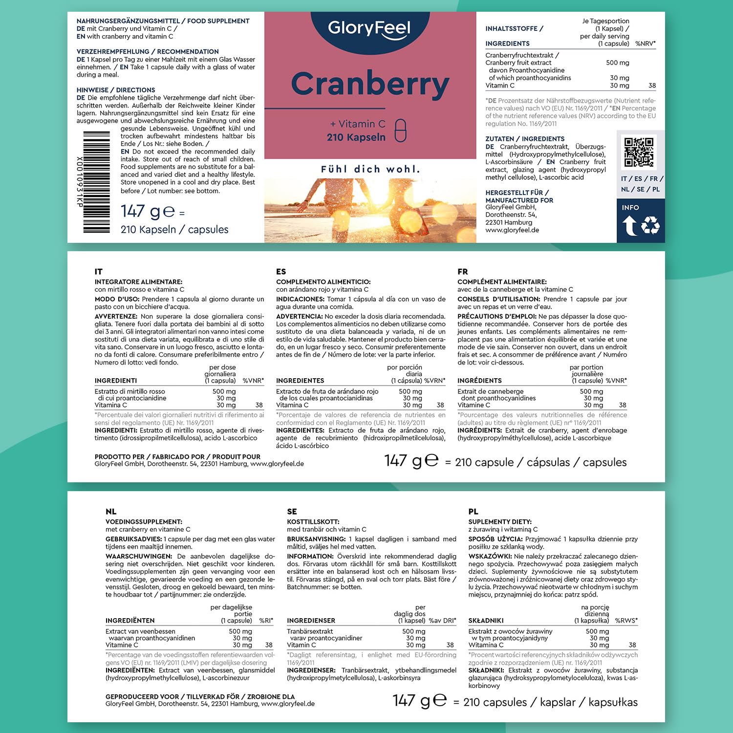 Cranberry Capsule, per il Benessere delle Vie Urinarie, Scorta 7 Mesi, 210 Cranberry Capsule con Estratto di Mirtillo Rosso + Vitamina C, Integratore ad Alto Dosaggio, Vegan