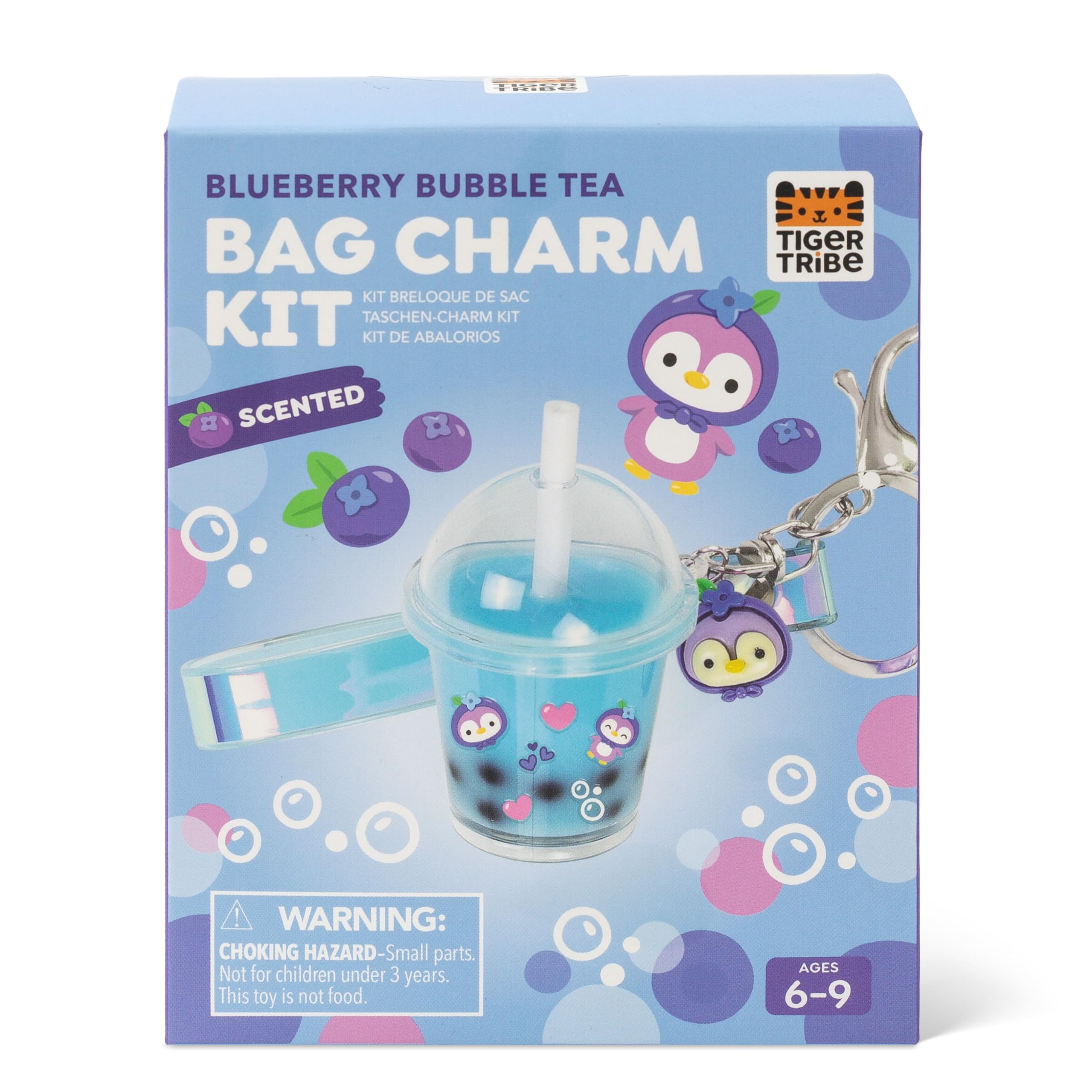Tiger Tribe Kit de abalorios para bolsa, té de burbujas de arándanos, dijes para niños, kits de manualidades