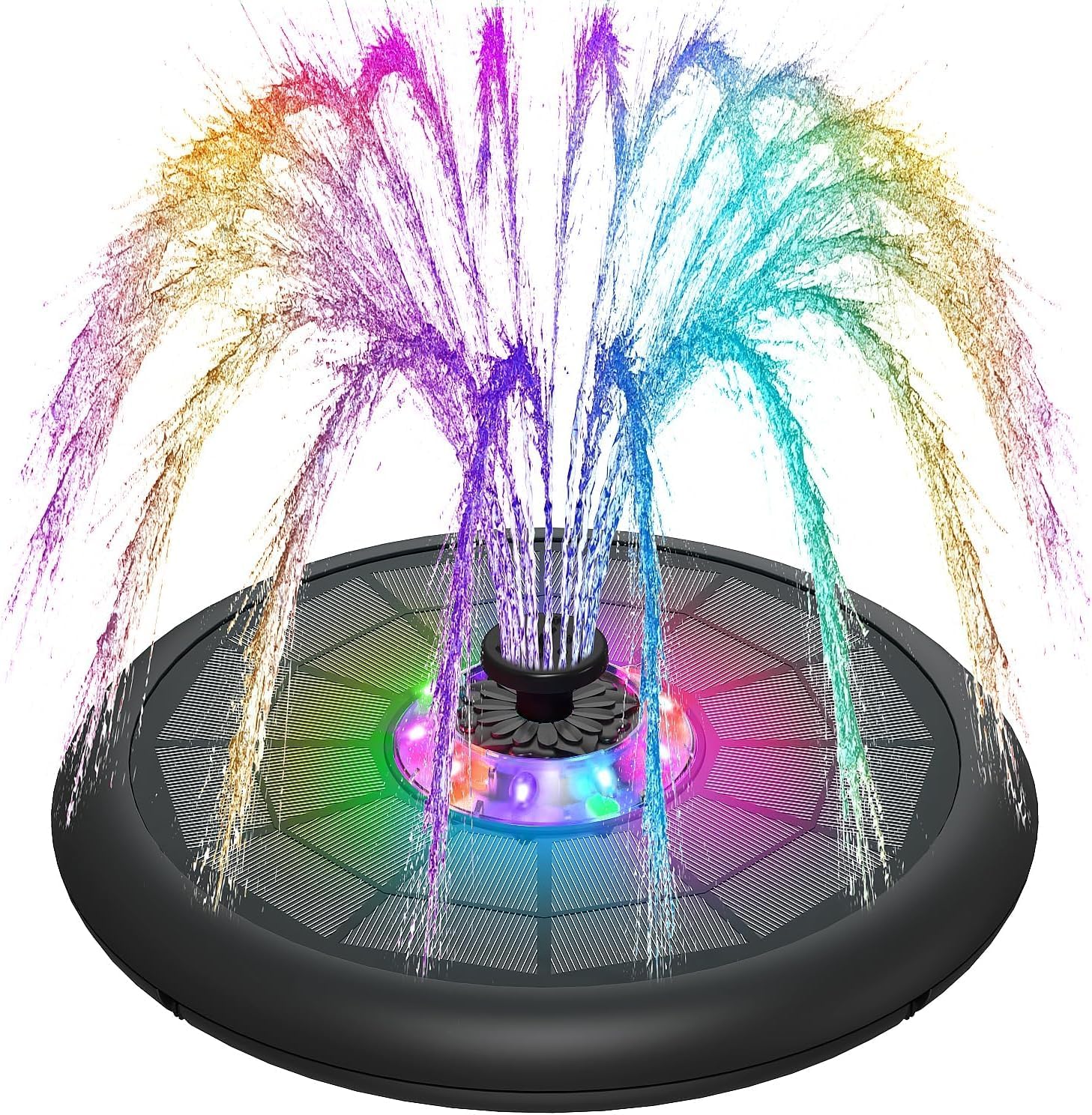 SZMP Powerful 5W Solar Powered Water Fountain for Bird Bath, Upgraded Glass Panel with Colorful Light Show, 7 Nozzles, Anti-Drift Fixer, 2000mAh Battery