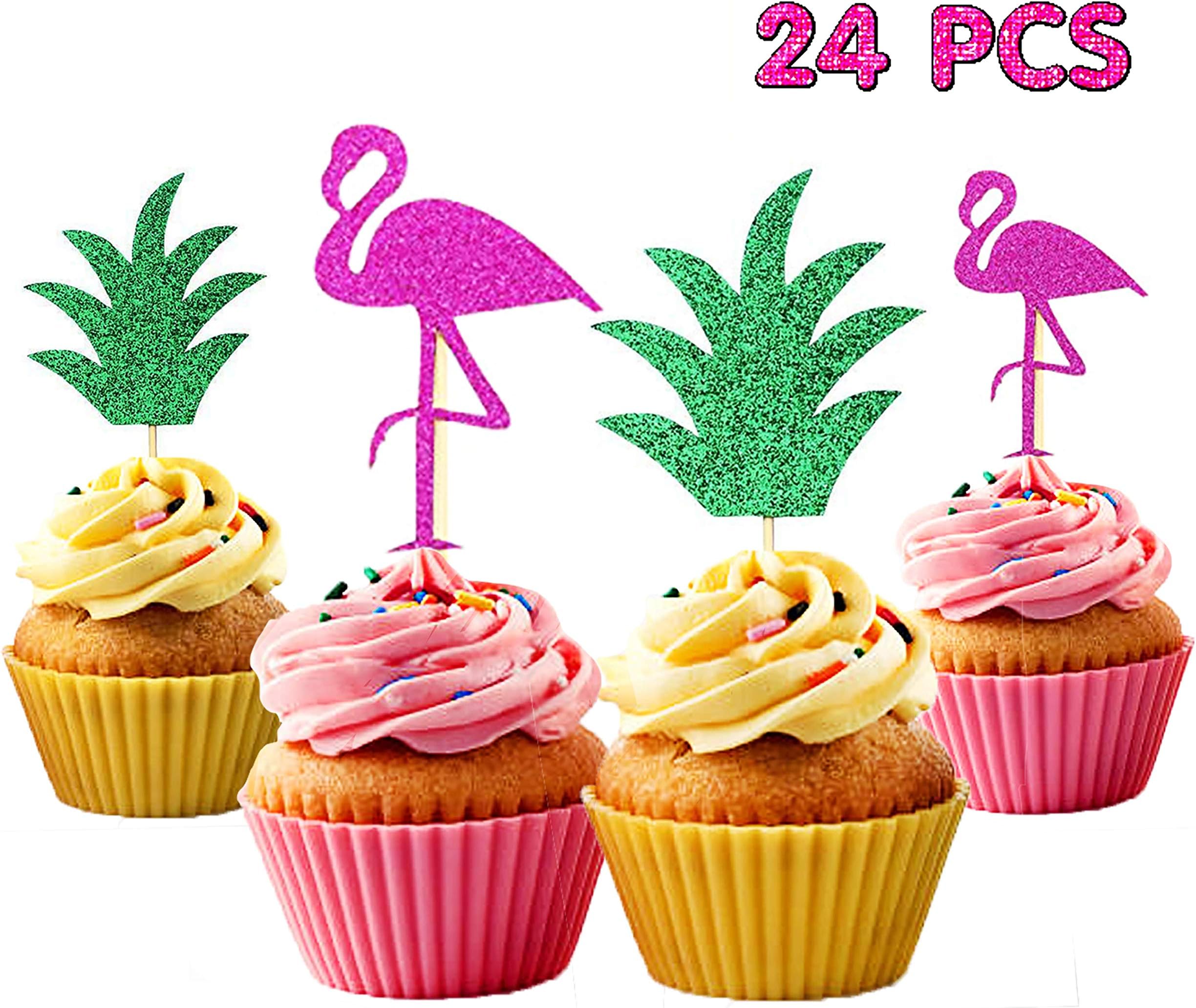 24 PCS | Flamingo Pineapple Cupcake Toppers | Luau Tropical Hawaiian Pool Party Supplies | Summer Birthday Cake Decorations