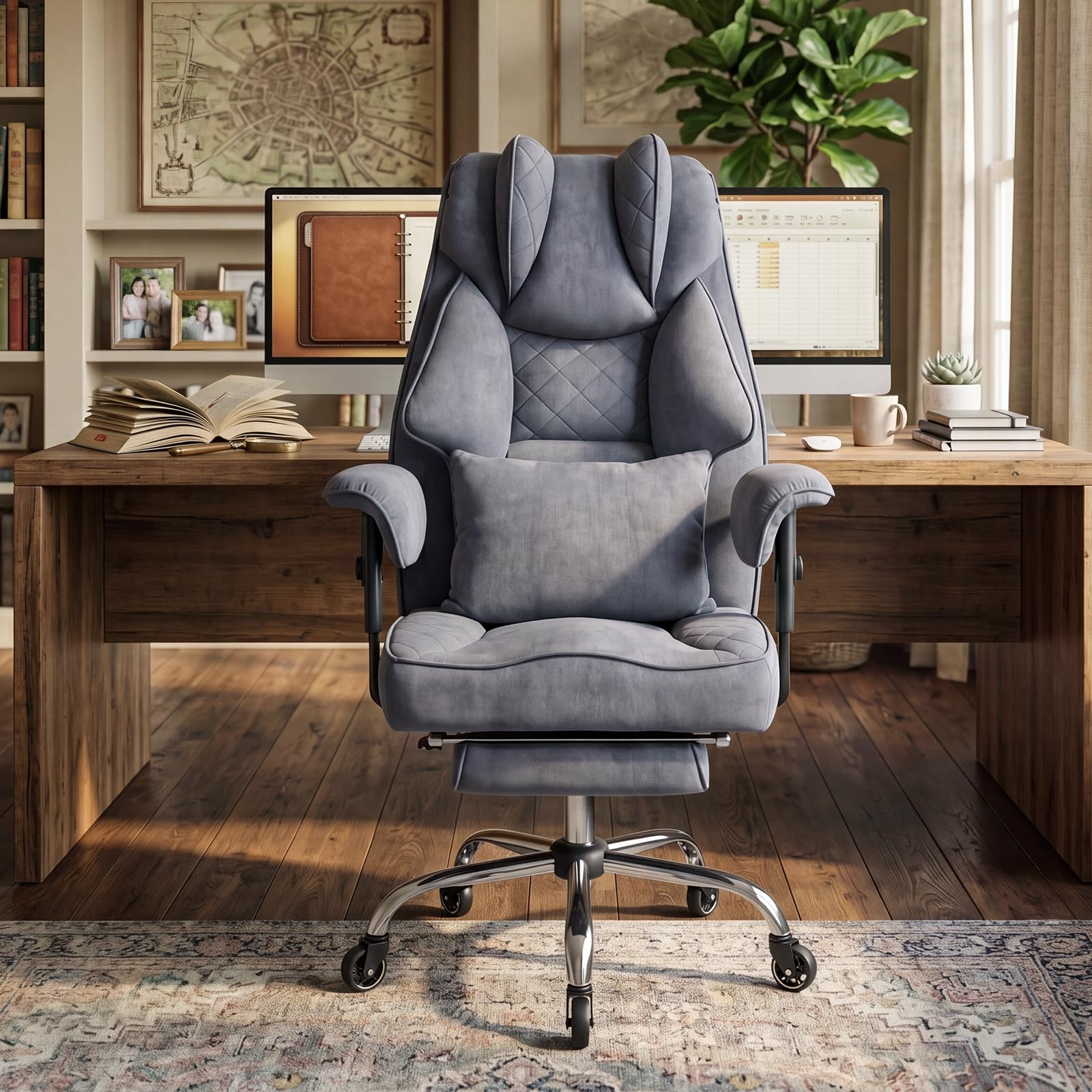 Ergonomischer Bürostuhl 200kg, XXL Chefsessel Fußstütze Homeoffice | XXL Schreibtischstuhl ergonomisch, 90–135° Rückenlehne, W-Form Sitzkissen, Lendenkissen, Wildlederimitat Grau