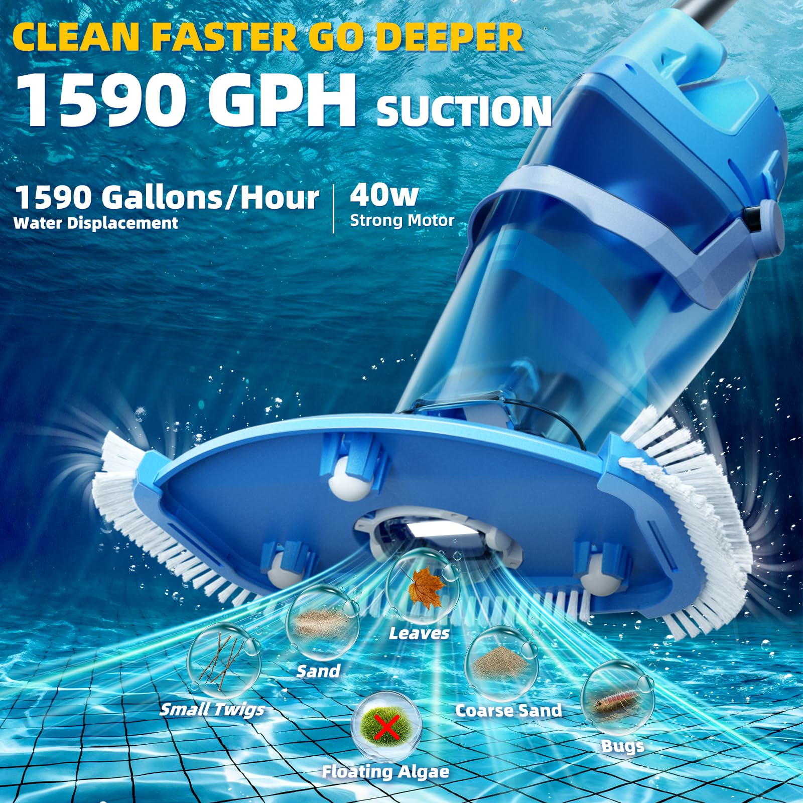 Condition photo showing New/Like New for cordless pool vacuum above & inground pools, powerful 1590 gph suction,handheld telescopic pole up to 85.45", 1h runtime, 2l debris bin, rechargeable pool cleaner for spas & hot tubs