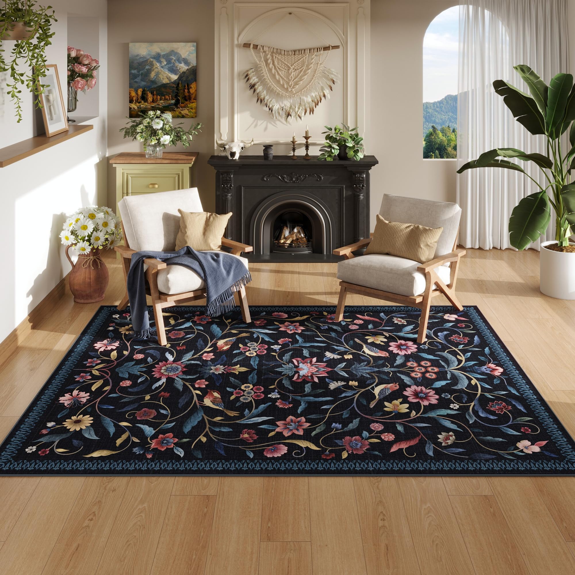 Vowkten Vintage Medallion Floral 3x5 Washable Rug, Soft Low Pile