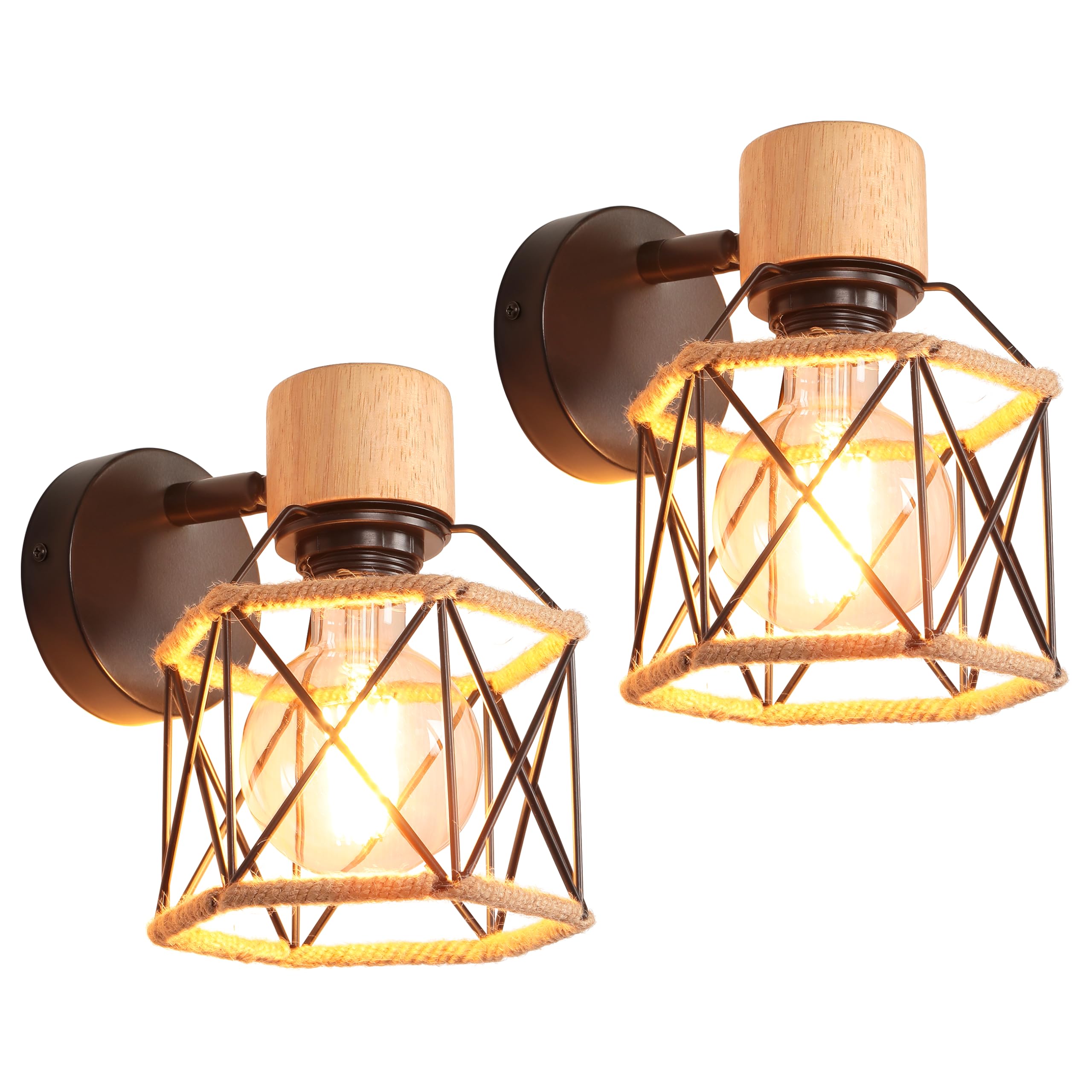 iDEGU Set of 2 Industrial Wall Lights Metal Cage Design Wood Wall Lamp with Hemp Rope Adjustable Vintage Indoor Wall Sconce E27 Ceiling Light for Bedroom, Hallway, Living Room (15cm, Type A, Black)