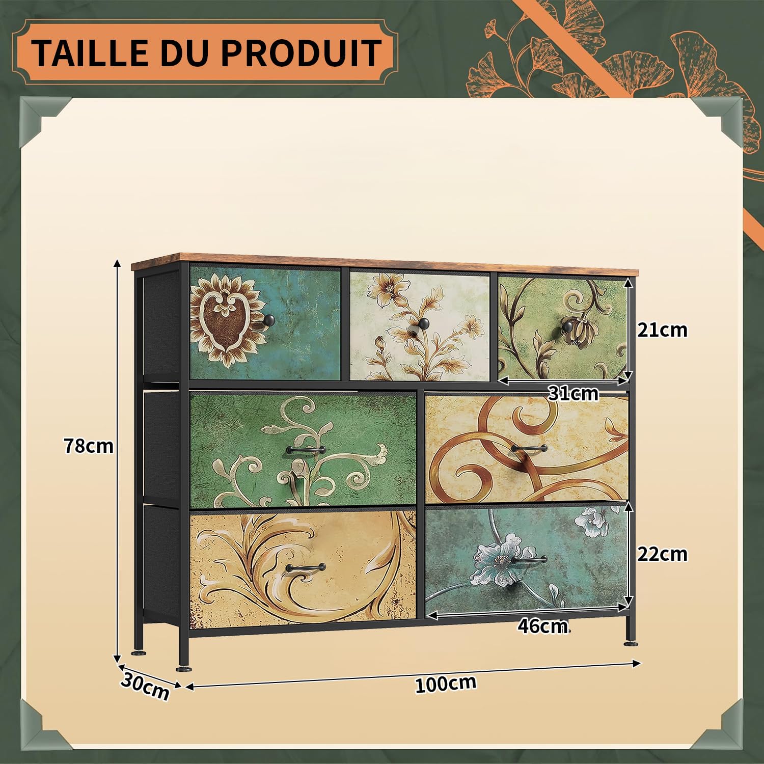 Commode à 7 Tiroirs en Tissu,Commode Chambre Adulte Armoire Tiroirs avec Plateau Bois et Cadre Métal,Meuble de Rangement pour Chambre d’Enfant, Salon et Couloir