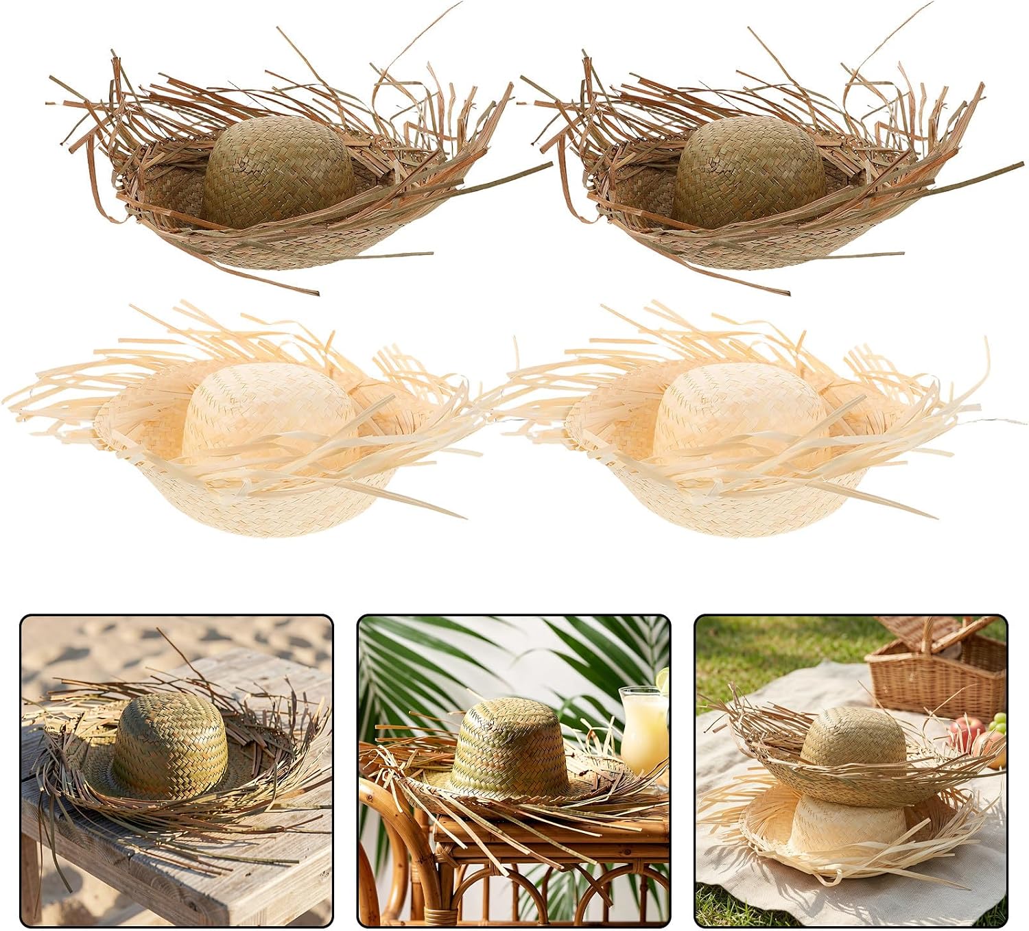 4pcs Men Women Tropical Straw Beachcomber Cap for Summer Parties