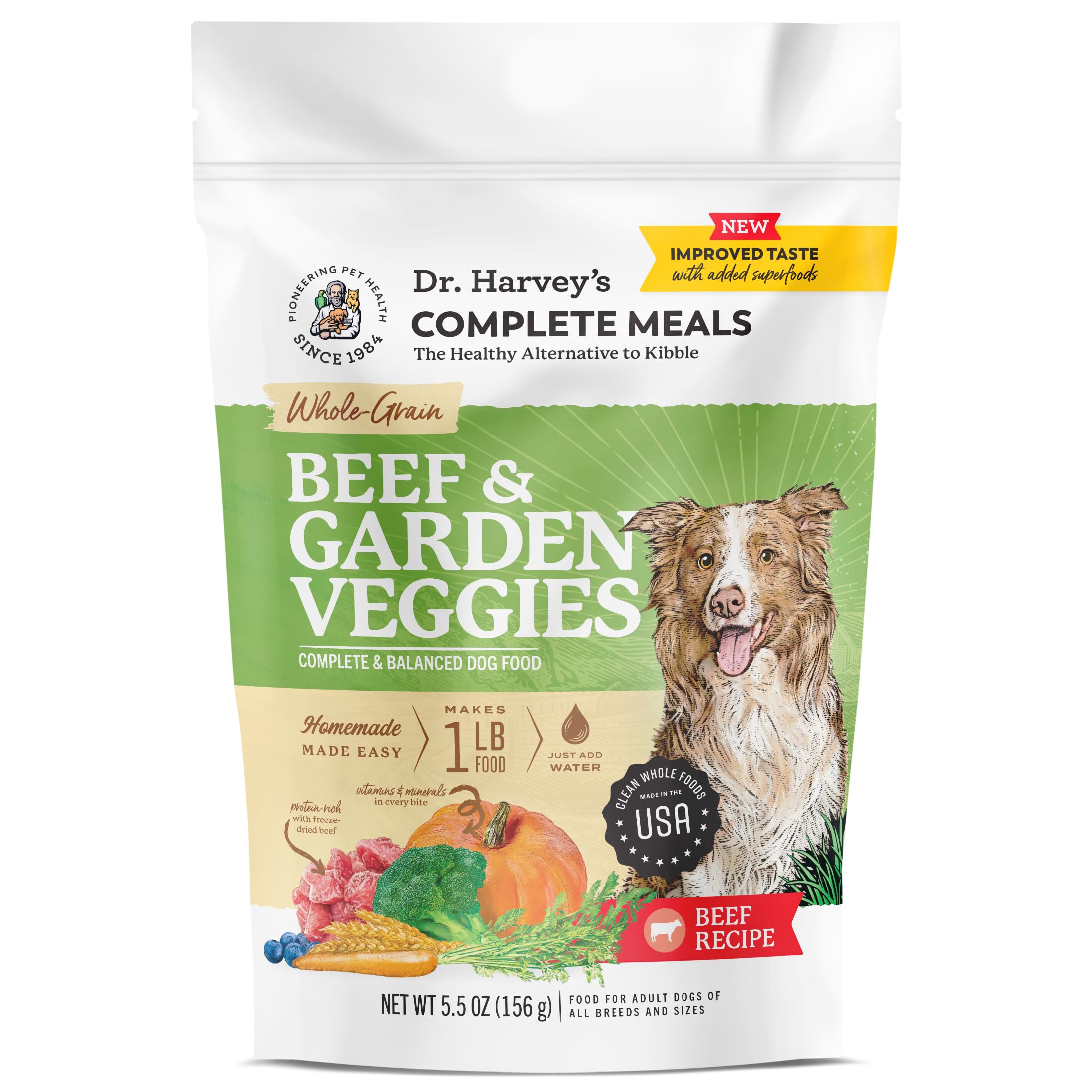 Dr. Harvey's Beef & Garden Veggies Dog Food, Human Grade Whole-Grain Dehydrated Dog Food with Freeze-Dried Beef (5.5 Ounces, Trial Size)