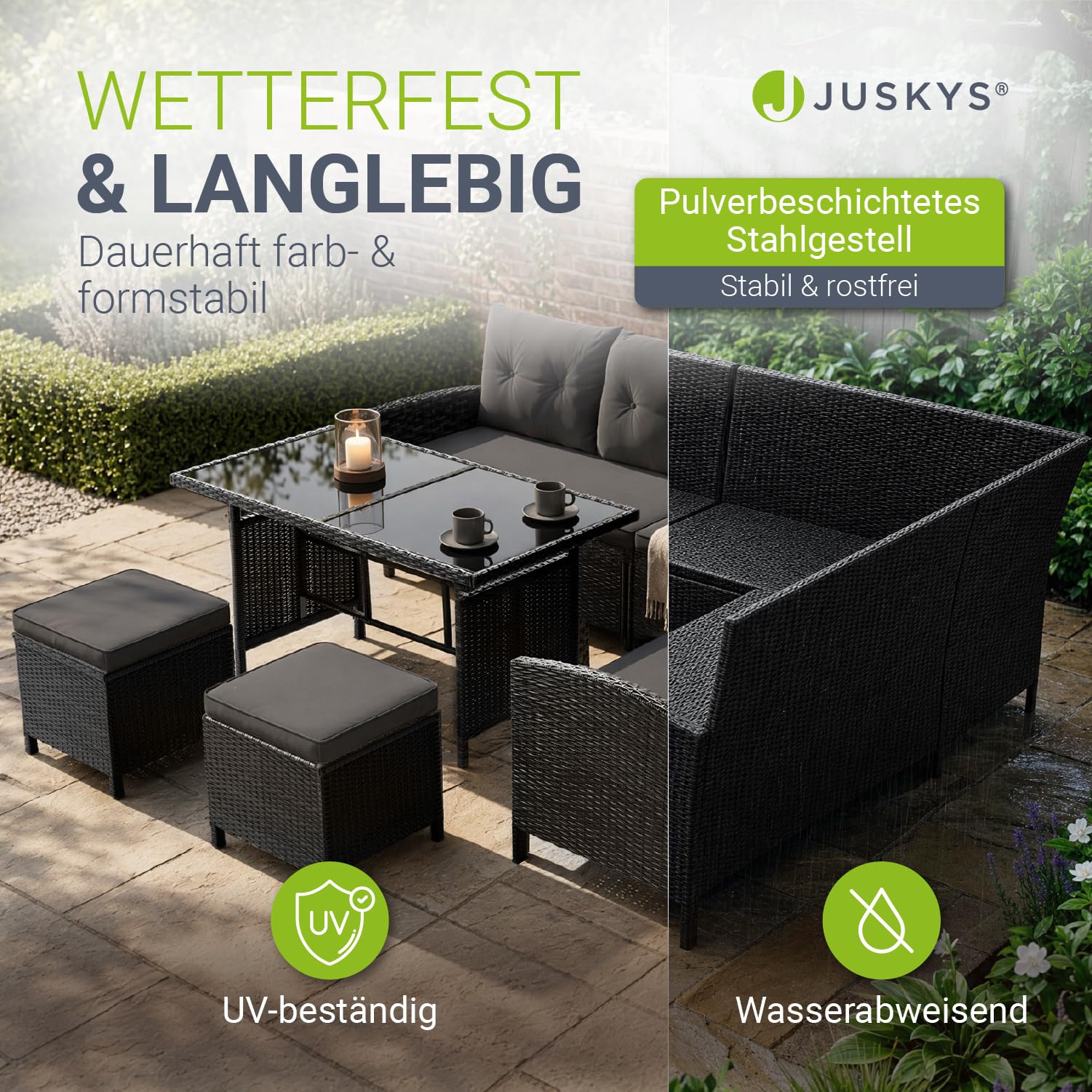 Juskys Polyrattan Lounge Manacor mit Ecksofa, Esstisch, 2 Hocker & Kissen - wetterfest bis 7 Personen - Bezüge waschbar - Rattan Garten Sitzgruppe Gartenlounge Gartenmöbel Set - Schwarz/Grau
