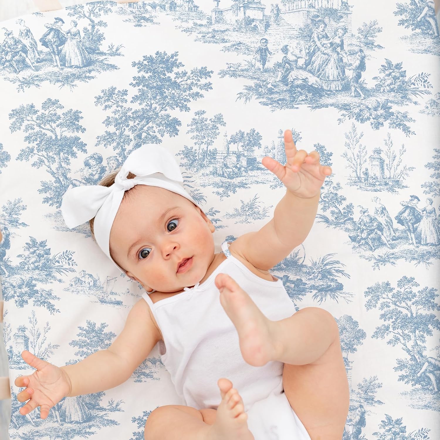 2 Pack Blue and White Toile Crib Sheet Set for Baby Girl, Soft Breathable Fitted Shabby Chic Crib Sheet 28 x 52 in, Vintage French Country Nursery Decor for Standard Crib and Toddler Bed Mattresses