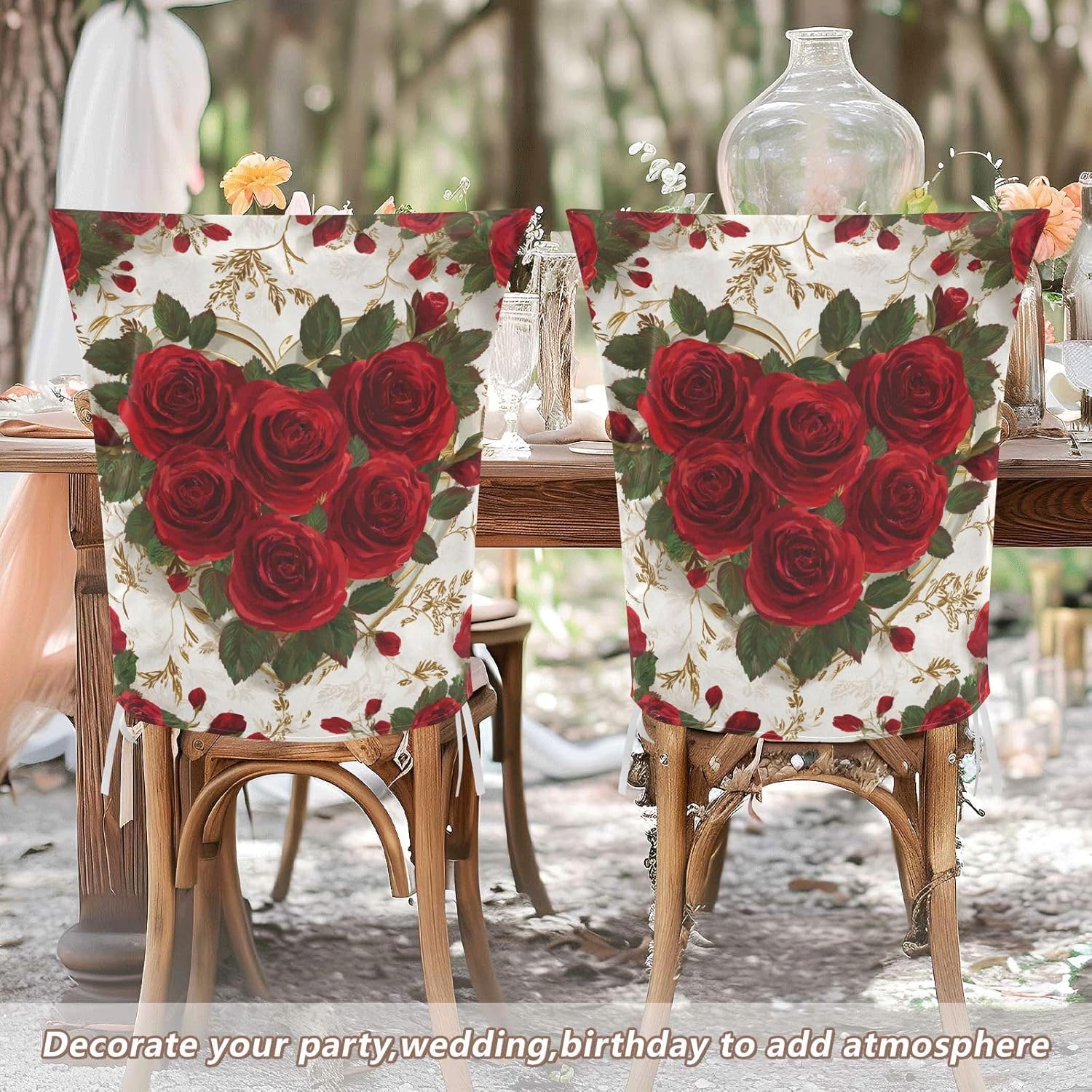 ALAZA Vintage Hearts Roses Leaves Chair Back Cover Set of 6, Washable Reusable Removable Chair Slipcovers Decorative Chair Cover for Home Kitchen Wedding Party