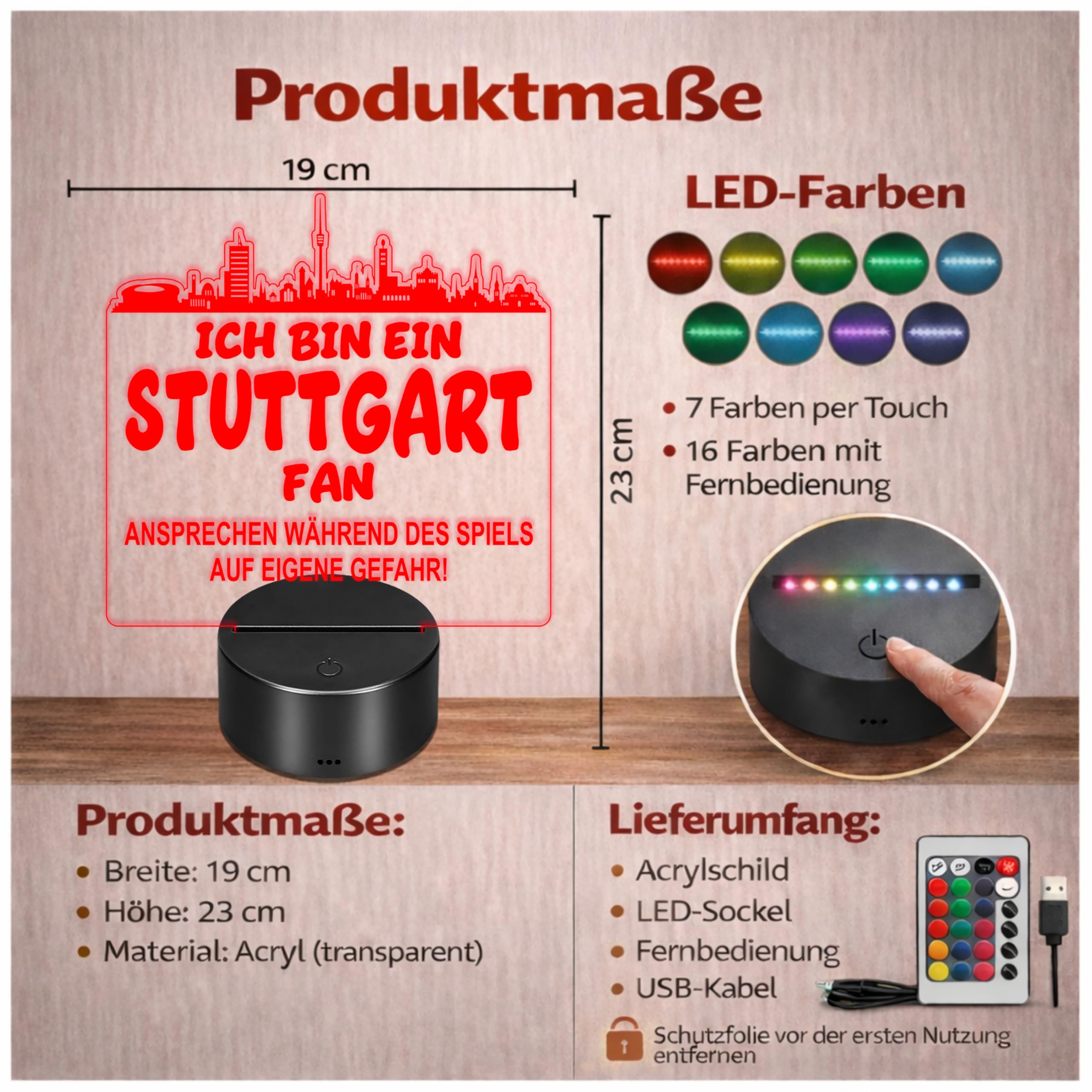 Lieblingsmensch Stuttgart Fan Fußball LED Nachtlicht – 3D Skyline Design „Ansprechen auf eigene Gefahr“ – RGB Farbwechsel mit Fernbedienung & Touch – Stimmungslicht für die Man Cave – 19x23cm