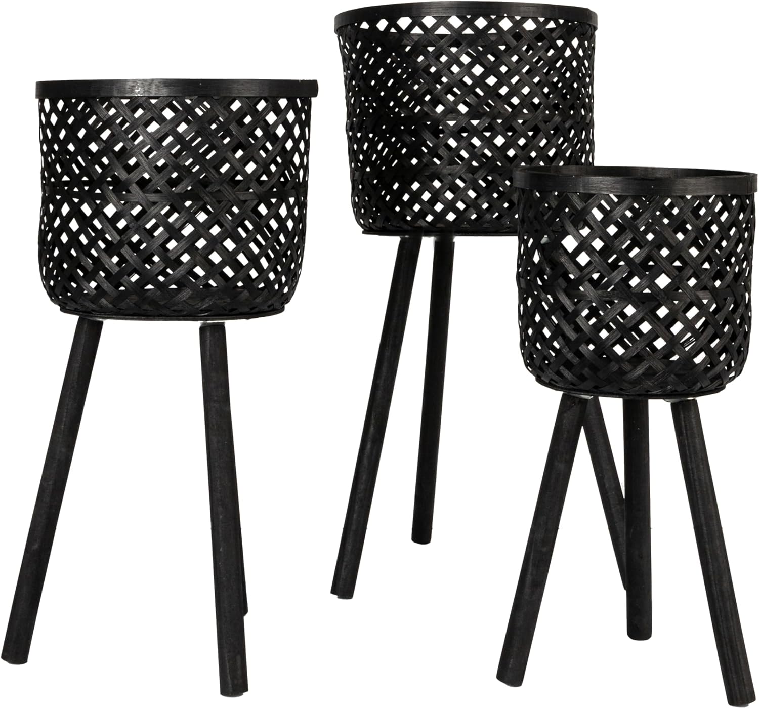 Creative Co-Op Woven Bamboo Floor Baskets with Wood Legs (Set of 3 Sizes)