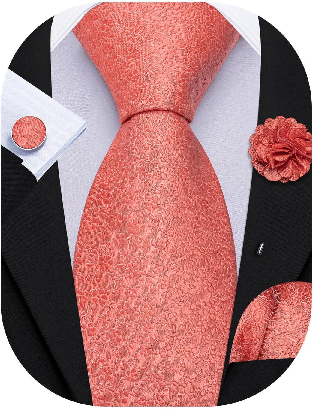YOHOWA Floral Tie for Men with Lapel Pin Pocket Square Cufflinks Formal Wedding Groomsmen Graduation Party