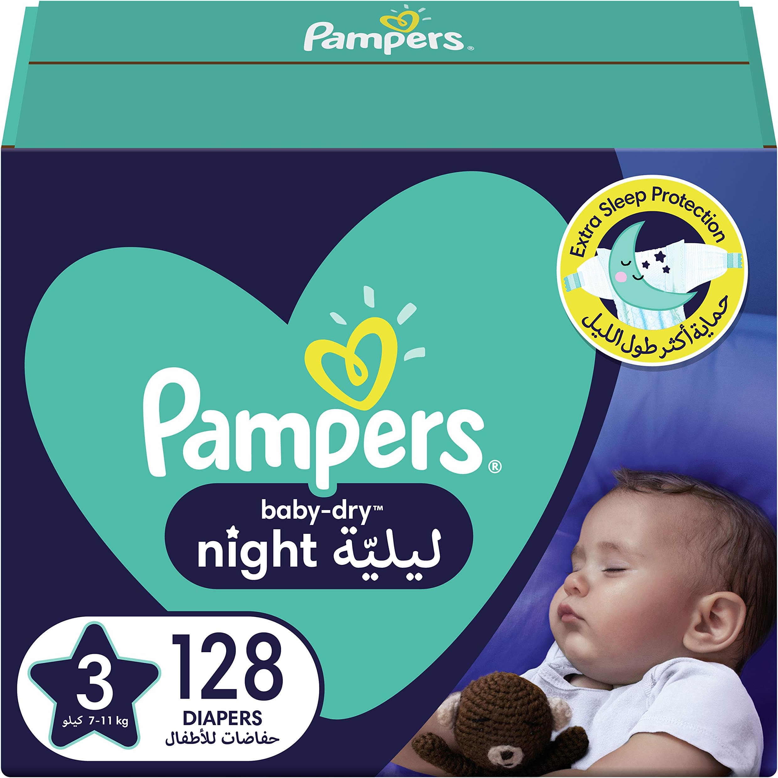 Baby-Dry Night Diapers for Extra Sleep Protection, Size 3, 7-11kg, 128 Diaper Count