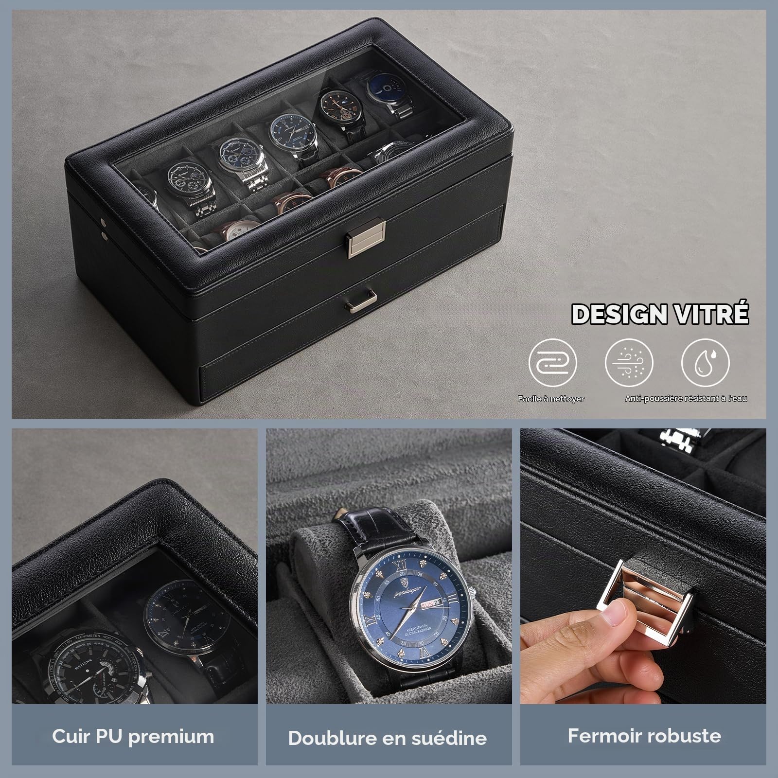 ProCase Boîte Montre avec 12 Emplacements 1 Tiroir, Coffret Montre à 2 Niveaux, Range Montre en PU Cuir -Noir