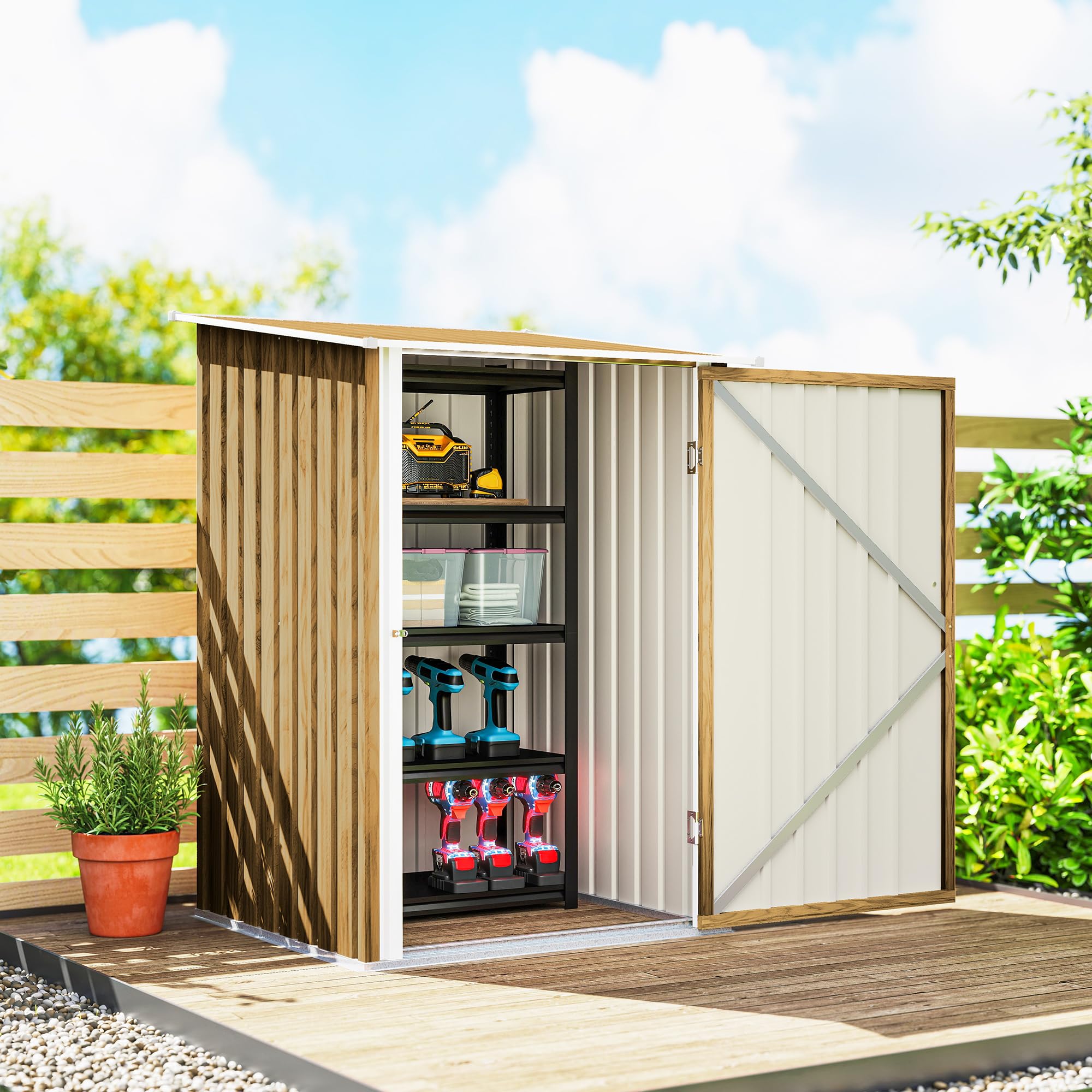 Outsunny Cobertizo de Jardín Exterior, 0,92 m², 100x103x160 cm, Caseta de Jardín Exterior Metálica con 1 Puerta y Cerradura, para Almacenamiento de Herramientas, para Patio, Terraza, Marrón Claro — view 8