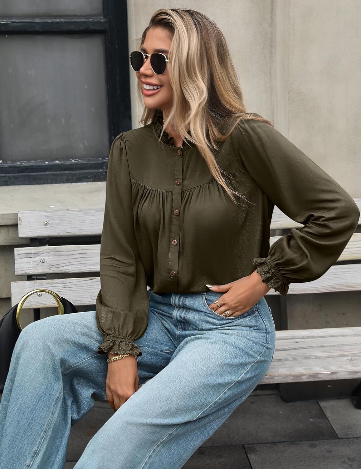 Button Down Shirts for Women Dressy Casual Blouses Long Puff Sleeve Shirts Elegant Pleated Tunic Tops Business Casual Tops Fall Solid Retro Blouses, Army Green, L - Image 3