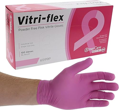 AmerCare Royal Vitra-Flex - Guantes desechables de vitrilo rosa, sin polvo, uso general, talla M, caja de 1000 unidades
