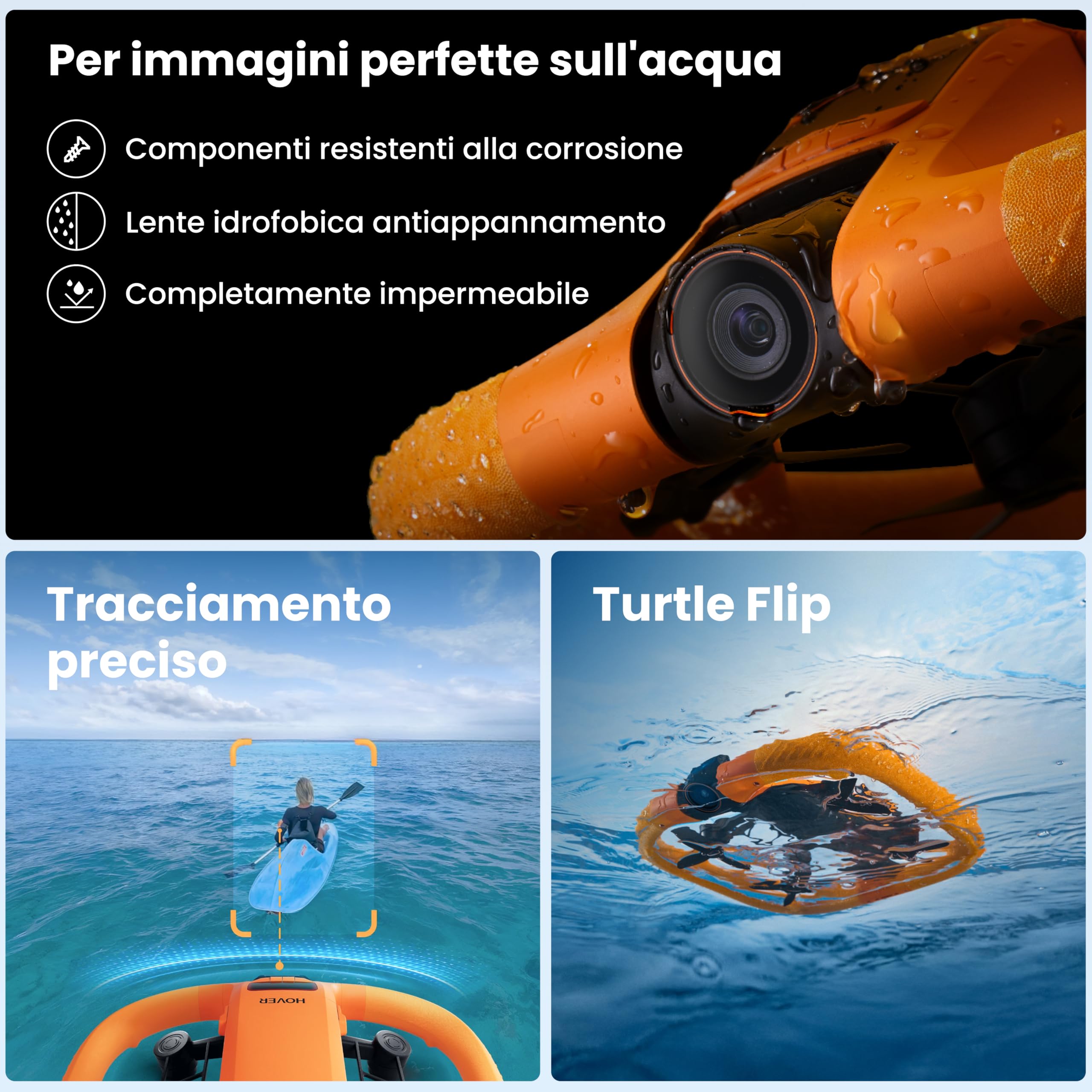 HOVERAir AQUA Telecamera volante, drone segui-me impermeabile IP67 con fotocamera per sport acquatici, 34mph, 10+ modalità di volo, slow motion 4K 100fps, video HDR, SmoothCapture 3.0 (Standard Combo)