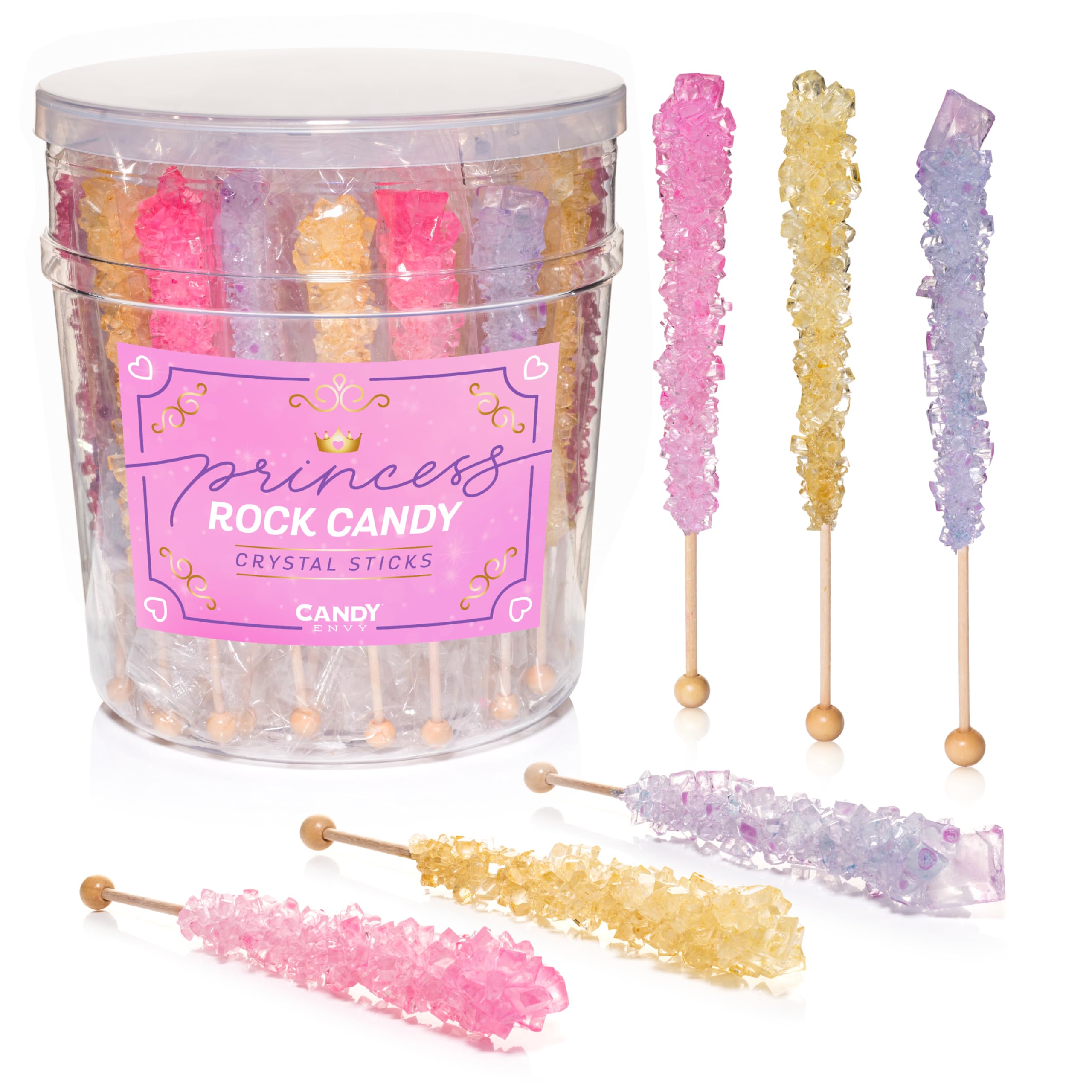 Candy Envy - Princess Rock Candy Sugar Sticks - 36 Individually Wrapped - Gold, Lavender, Light Pink Party Favors