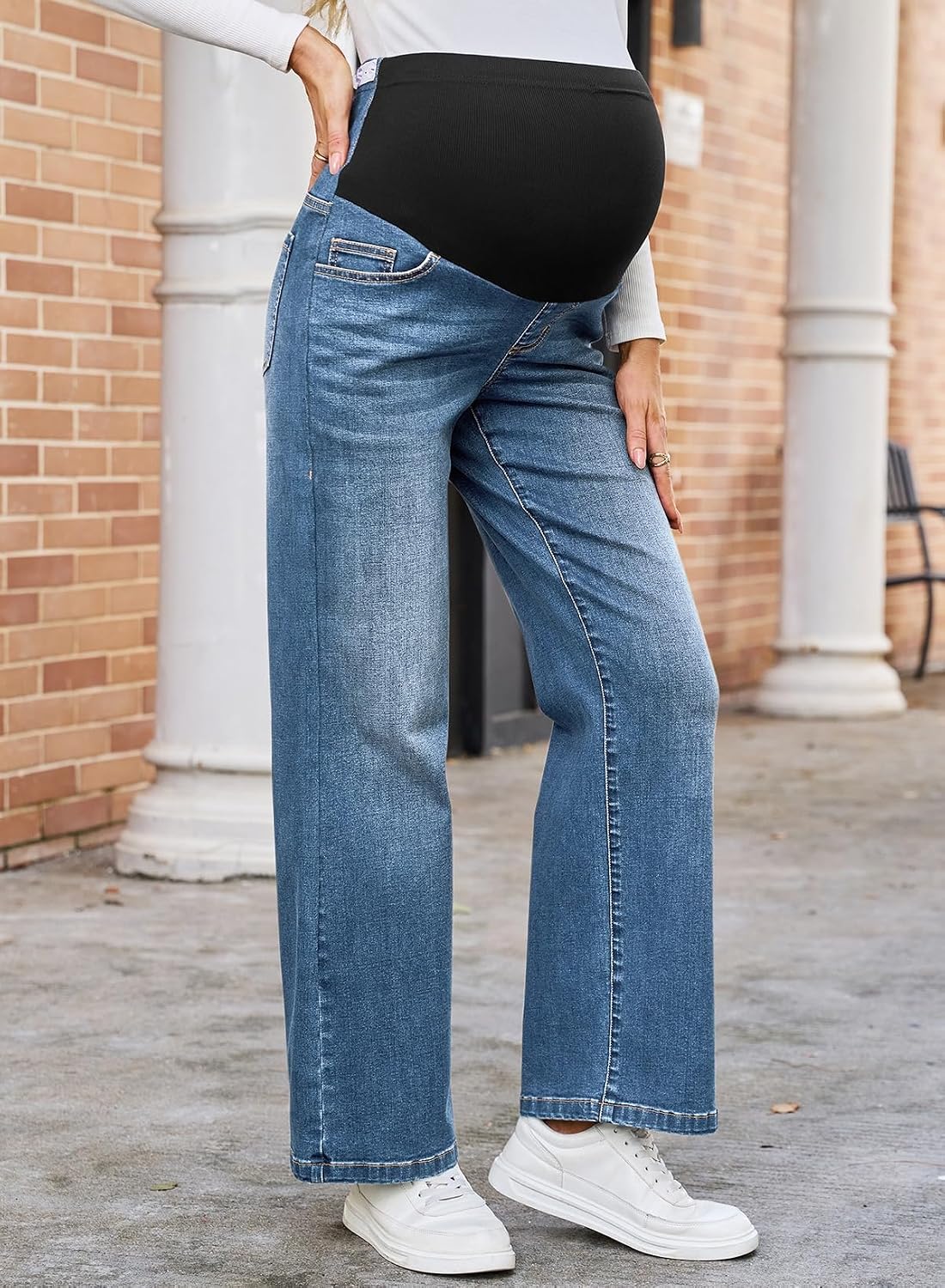 BLENCOT Women Wide Leg Maternity Jeans Adjustable Waist Pregnancy Pants