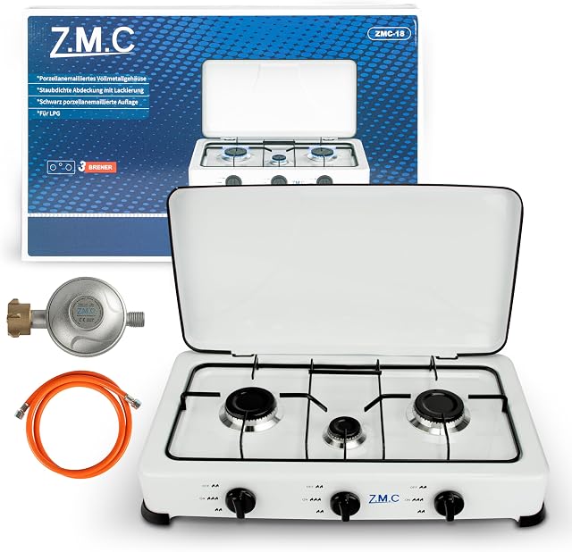 ZMC kuchenka gazowa, kuchenka kempingowa, 3-punktowa, w zestawie wąż i regulator, 5,4 kW, 50 mbar, przenośna kuchenka gazowa, płyta kuchenna, kuchenka stołowa, emaliowana porcelaną