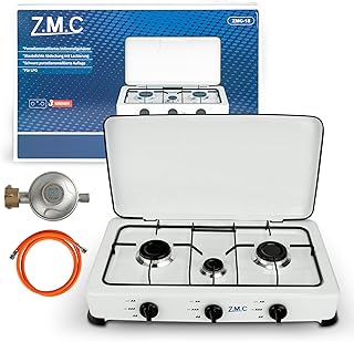 Z.M.C Kempingowa kuchenka gazowa z trzema palnikami, w zestawie wąż + regulator, gaz LPG, zoptymalizowany / dwa palniki każdy po 2,2 kW oraz palnik 1,0 kW, zużycie 393 g/h, 2 stopnie zużycia