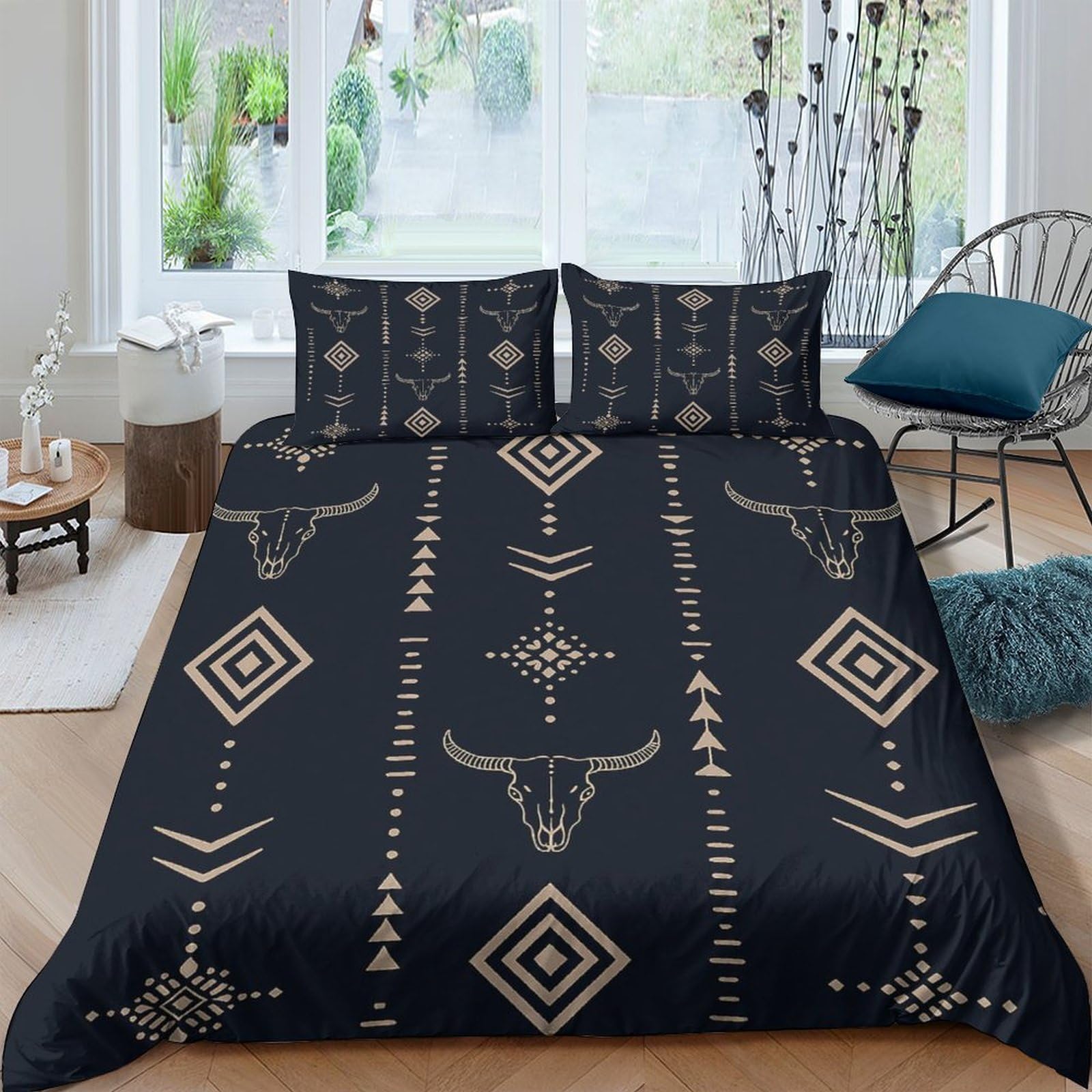 Ctjqhvkz Style-1 3D Printed Tribal Bull Skull Fitted Sheet Microfiber Soft Breathable Geometric Mattress Cover For Bedroom Guest Room Decor Single（135X200cm）