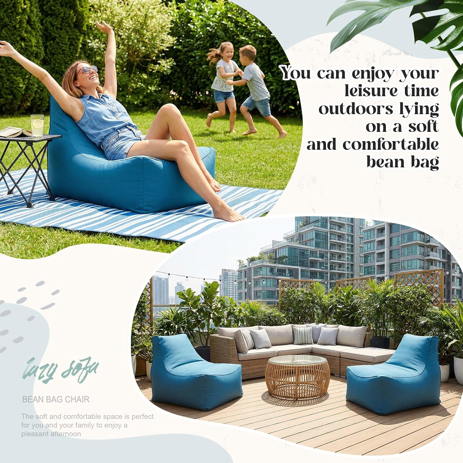 Briwooody 1 Pcs Dark Blue Outdoor Bean Bag Chair for Adults, Waterproof Patio Bean Bag Lounger with Washable Removable Cover, Striped Floor Chair for Balcony, Deck, Poolside, Boat, Marine, Garden