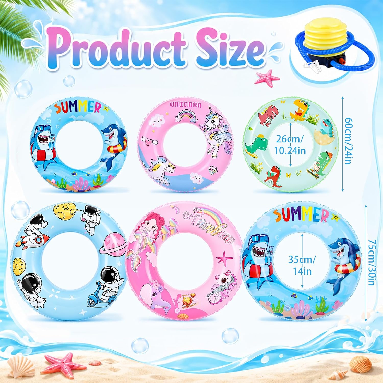 6 Pack Inflatable Pool Floats Set 24" & 30" Family Pool Swim Tubes Rings Animal Inflatable Floaties Beach Swimming Toys for Kids Adults Swim Ring Tube Toys for Summer Hawaiian Beach Party