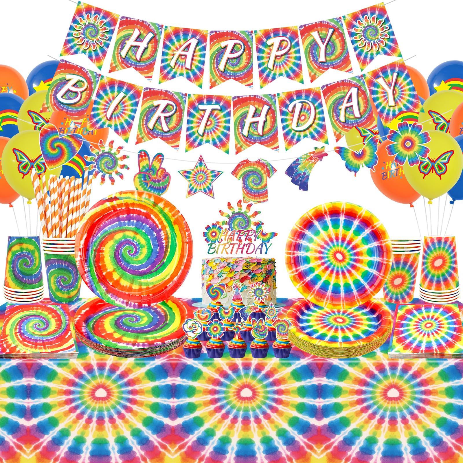 Tie Dye Birthday Party Decorations, Includes Happy Birthday Banner, Plates, Tablecloth, Cups, Balloon and Straws, for 60s Hippie Groovy Party, Serves 20 Guest